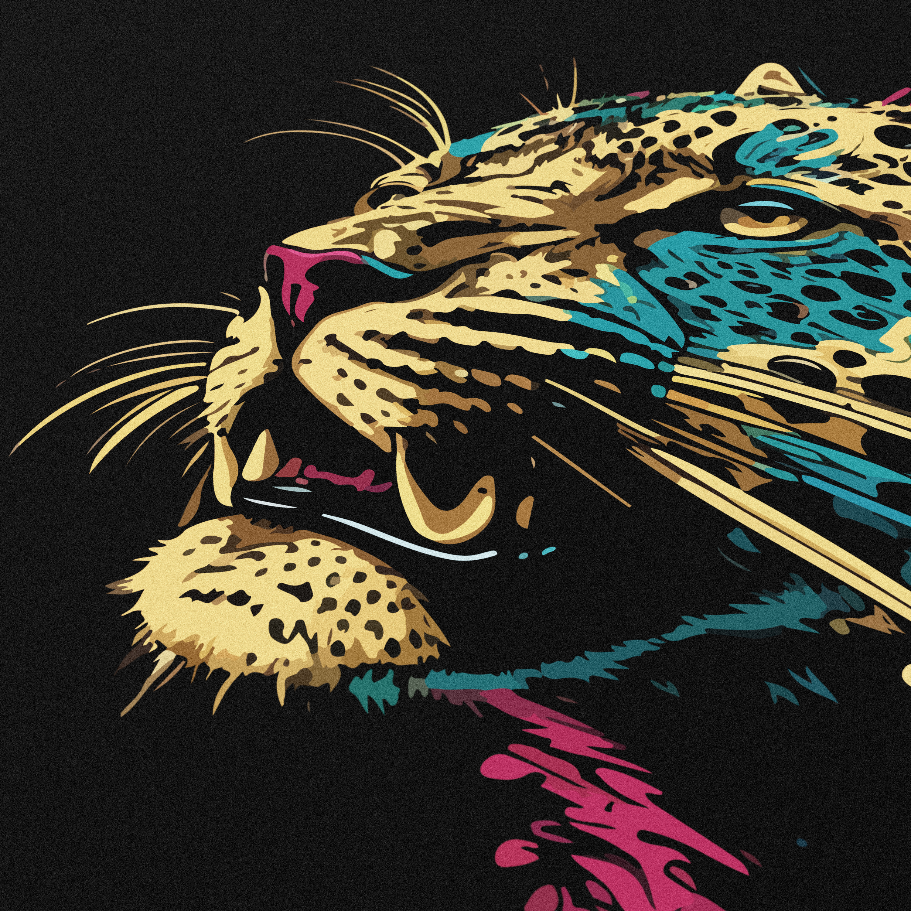 Stilisierte Illustration eines Leopardenkopfes im Profil mit gelben, blauen und pinken Akzenten auf schwarzem Hintergrund.