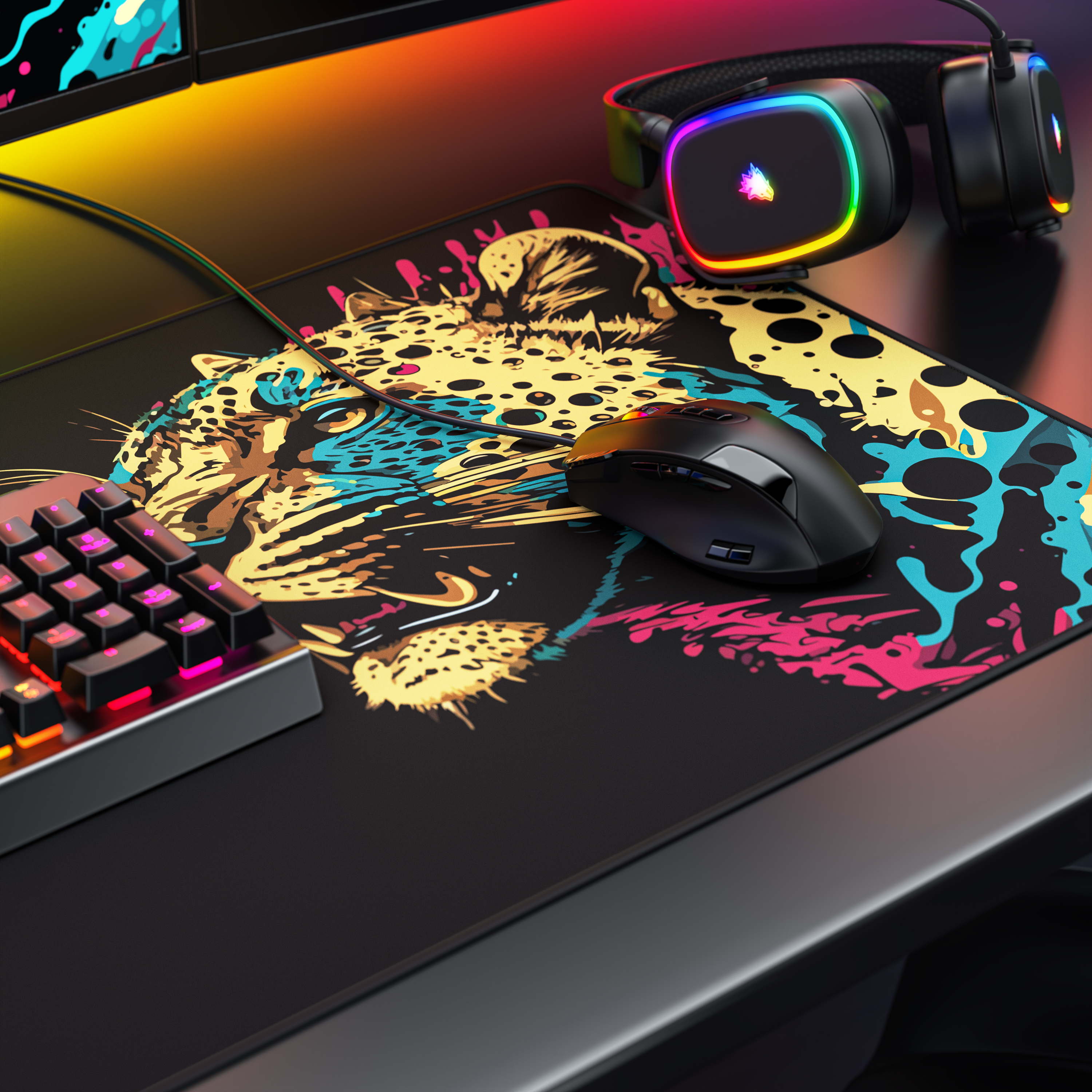 Ein Gaming-Schreibtisch mit Mauspad mit Leopardenmuster, schwarzer Maus, bunter Tastatur und beleuchteten Kopfhörern.