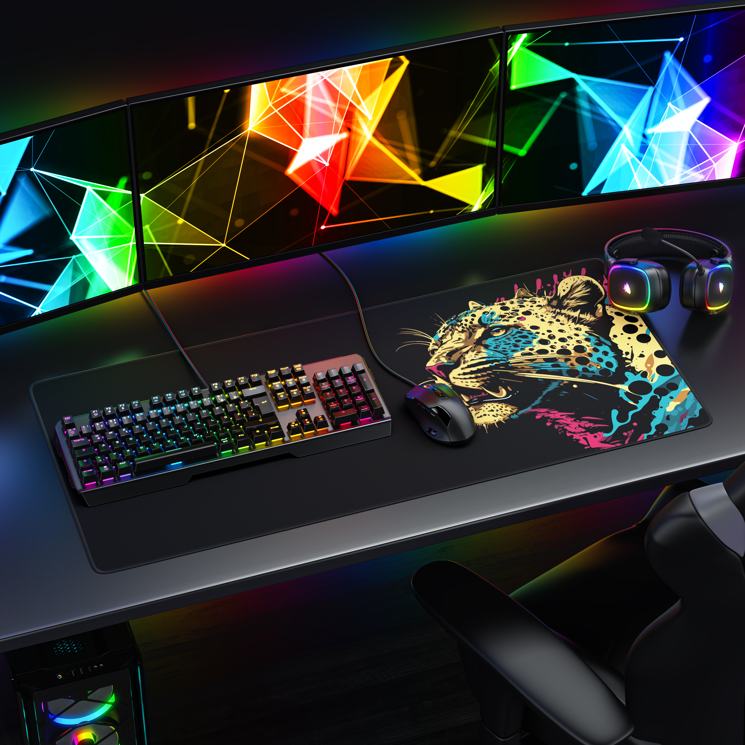 Gaming-Setup mit drei Monitoren, RGB-Tastatur, Maus, Leoparden-Mauspad und Headset.