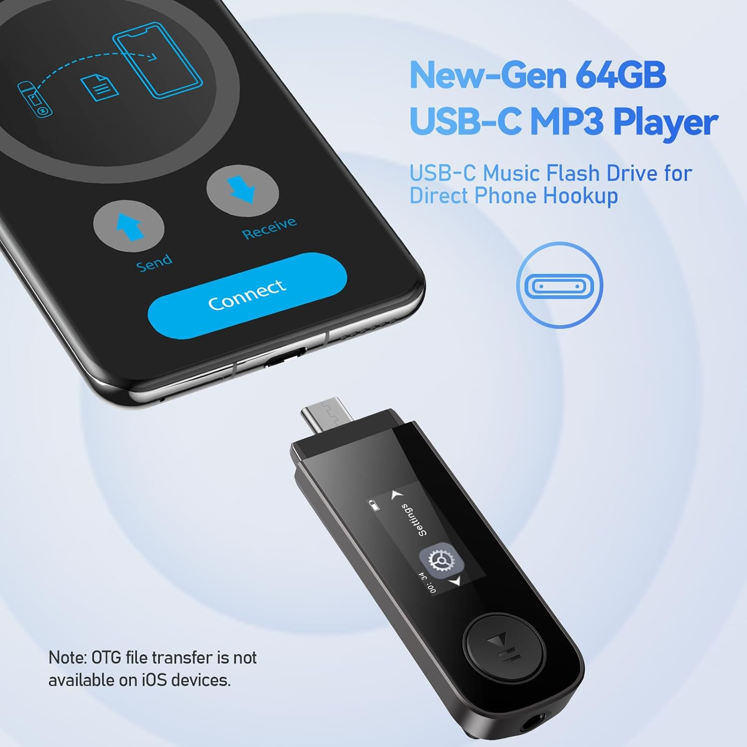 Ein schwarzer USB-C-MP3-Player und Musik-Flash-Laufwerk neben einem Smartphone-Bildschirm.