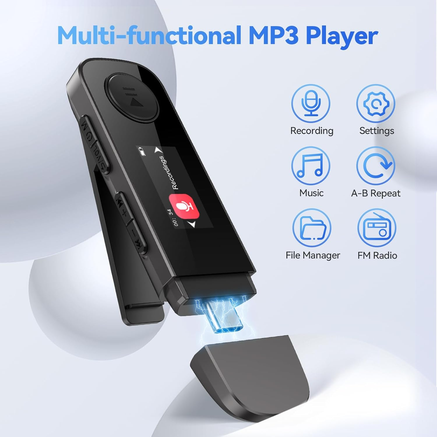 Ein schwarzer, multifunktionaler MP3-Player mit USB-Anschluss, Bildschirm und Funktionssymbolen vor hellem Hintergrund.