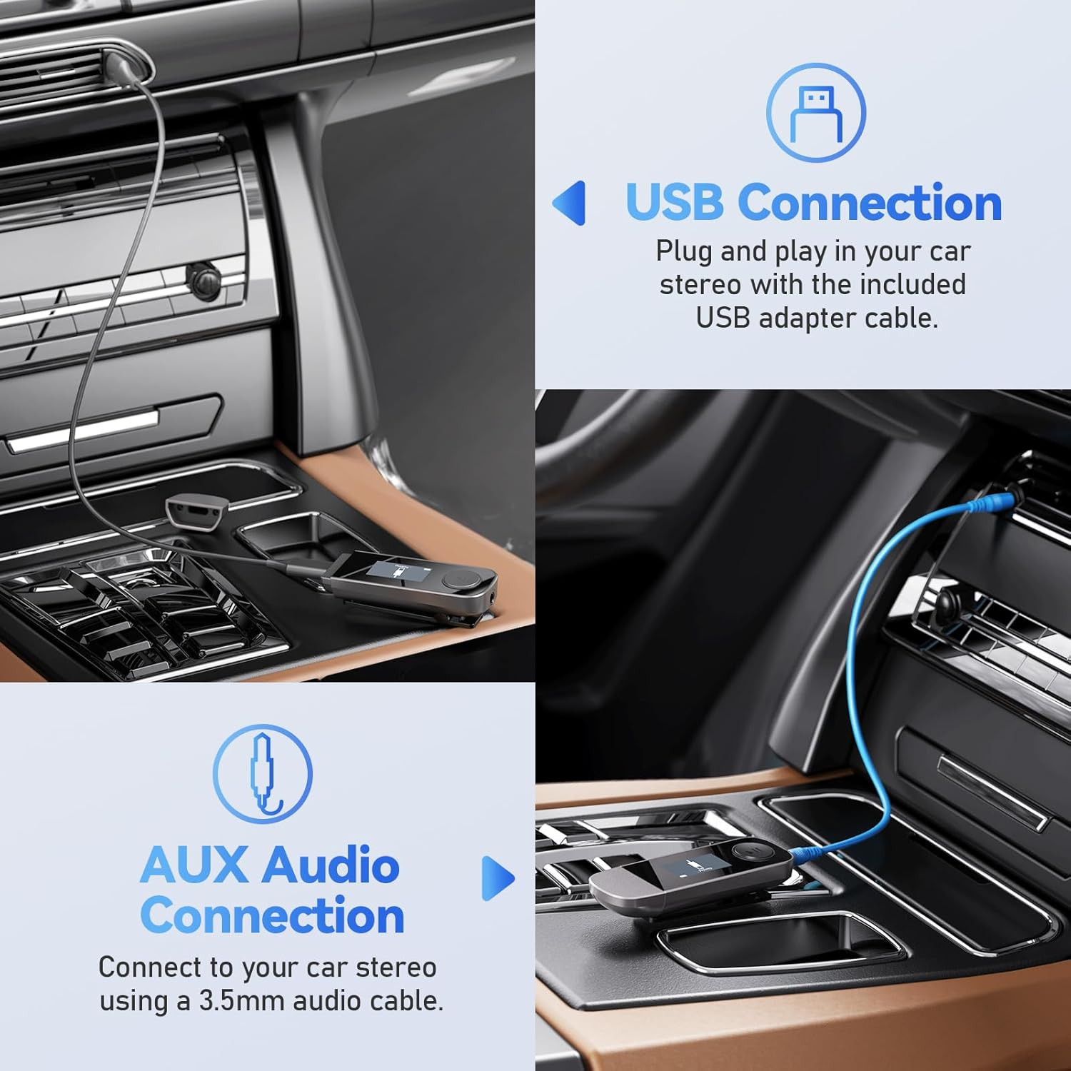 Ein Autoadapter mit USB- und AUX-Verbindungsoptionen, der in einer Auto-Mittelkonsole installiert ist.