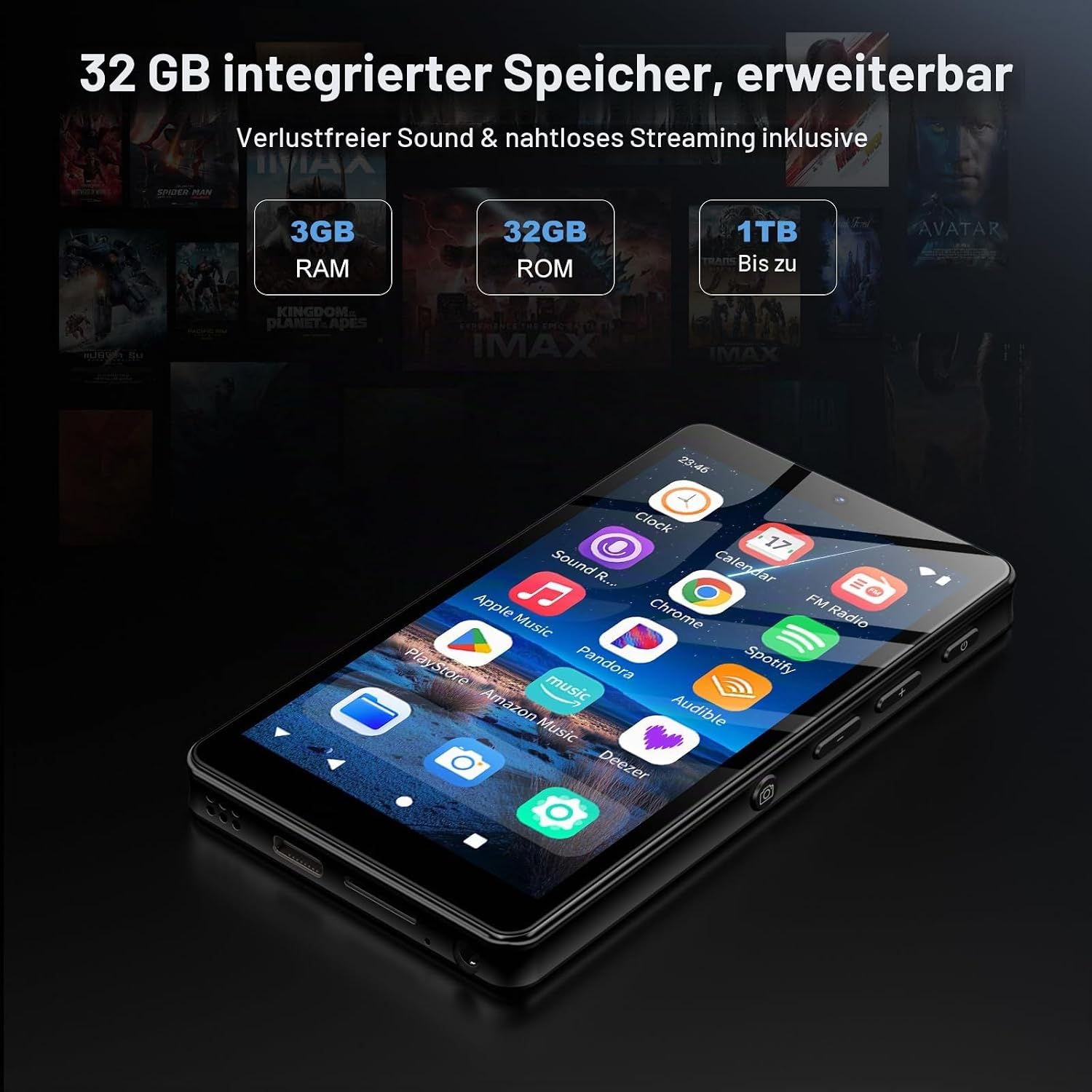 Ein schwarzer Media-Player zeigt App-Symbole auf dem Bildschirm und hat Text-Overlays oben.