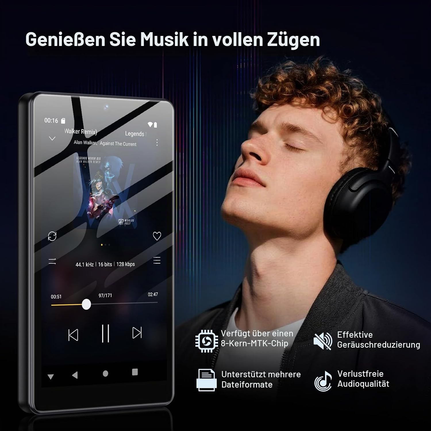 Ein Mann genießt Musik mit Kopfh örern neben einem Smartphone mit Musikplayer-App.
