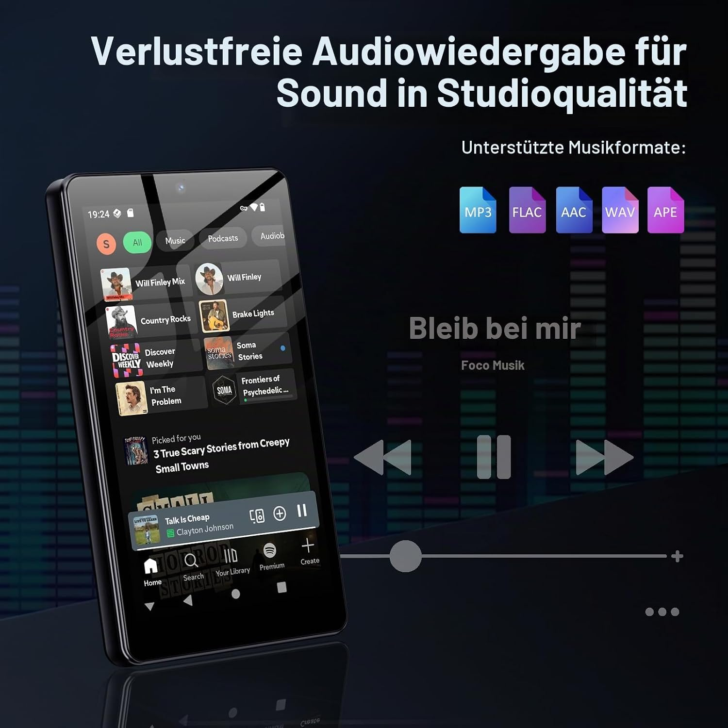 MP3-Player mit Musik-App-Oberfläche und Unterstützungen für verschiedene Formate.