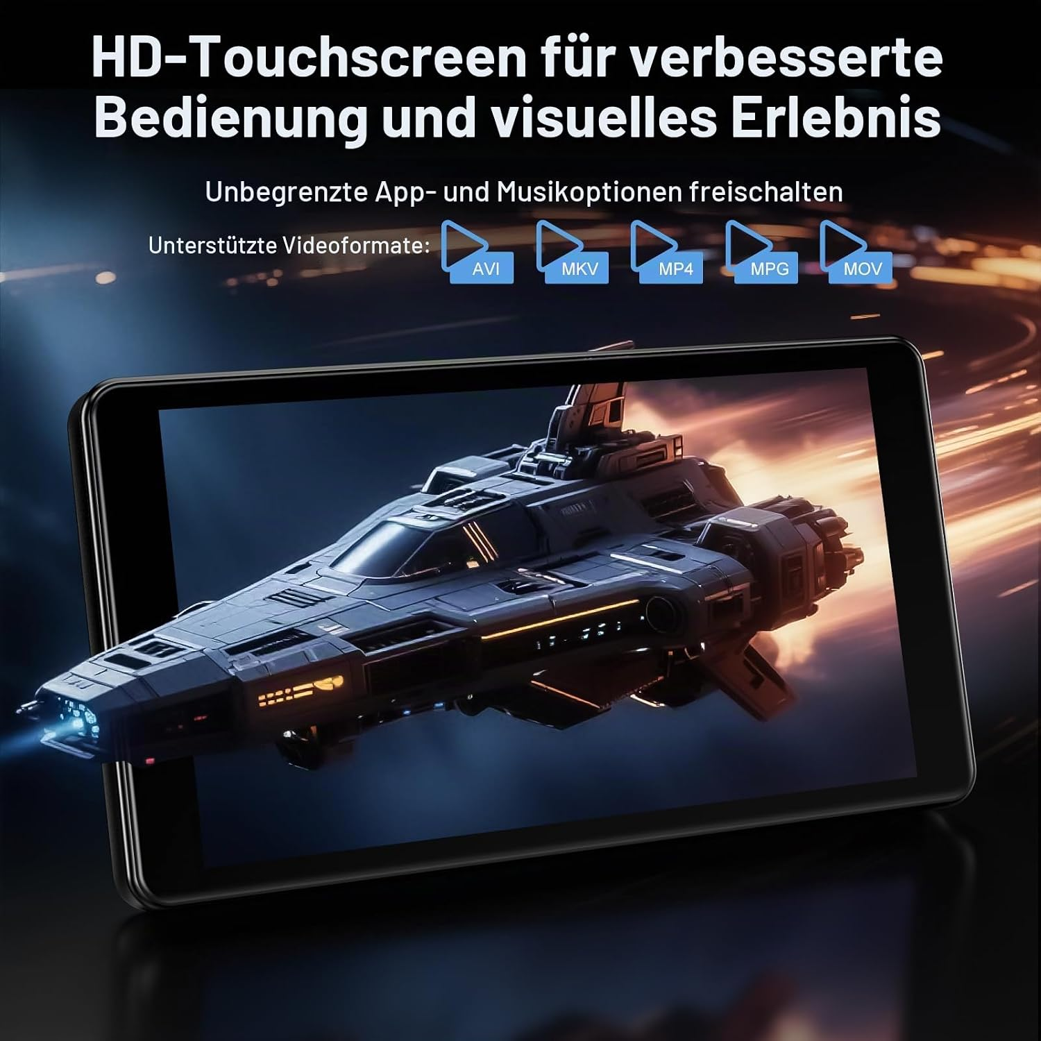Ein HD-Touchscreen zeigt ein futuristisches Raumschiff im Flug mit deutscher Werbung.