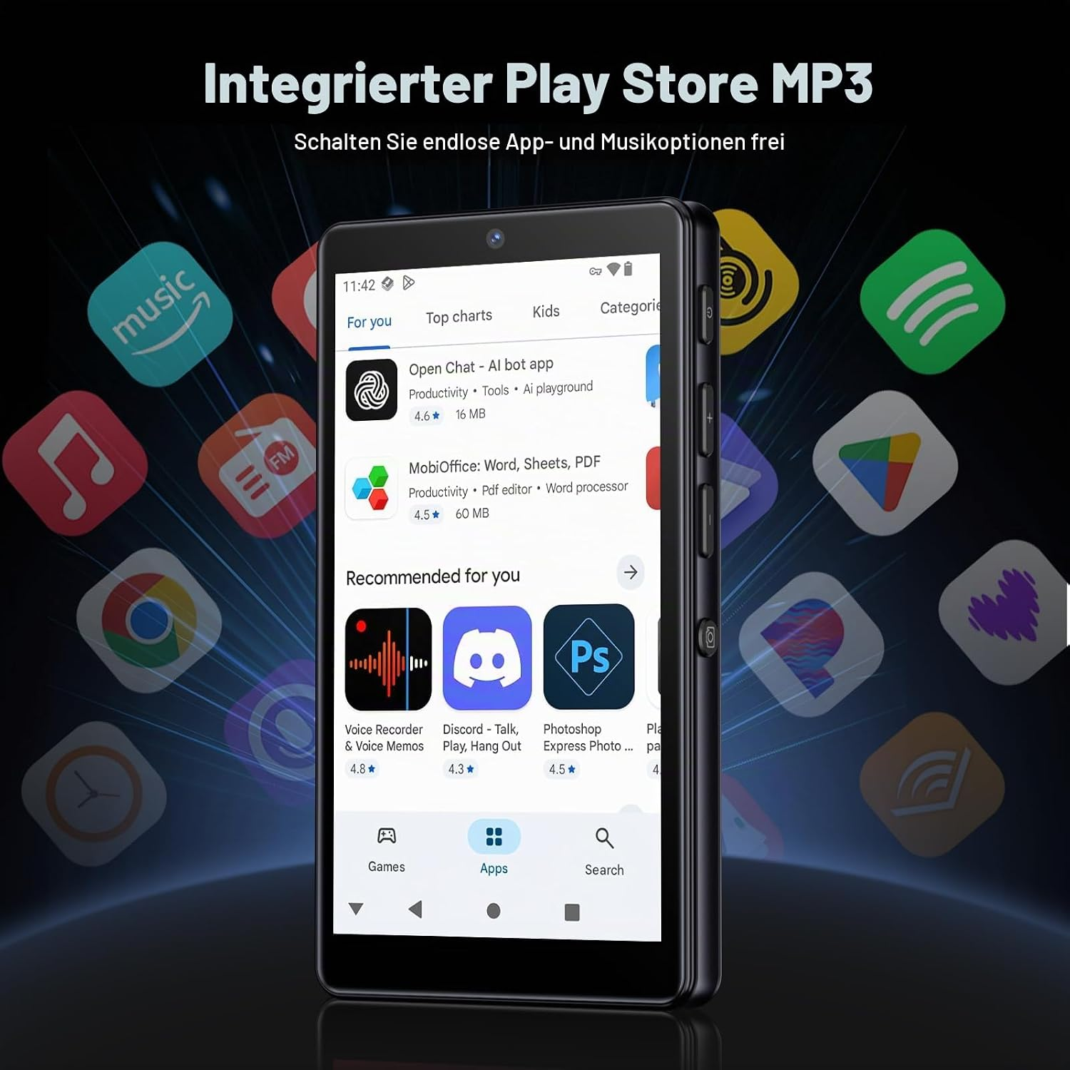 Ein MP3-Player zeigt den Google Play Store mit verschiedenen App-Symbolen auf dem Bildschirm und im Hintergrund.