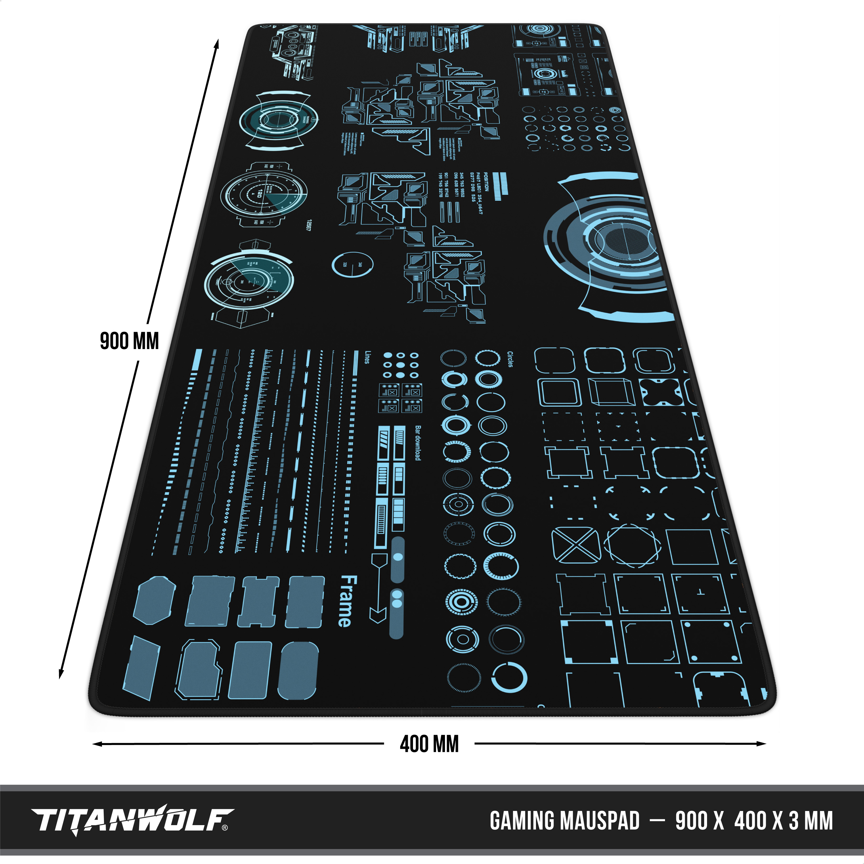 Schwarzes Titanwolf Gaming-Mauspad mit blauem HUD-Design, Maßen von 900x400x3 mm und grafischen Details.