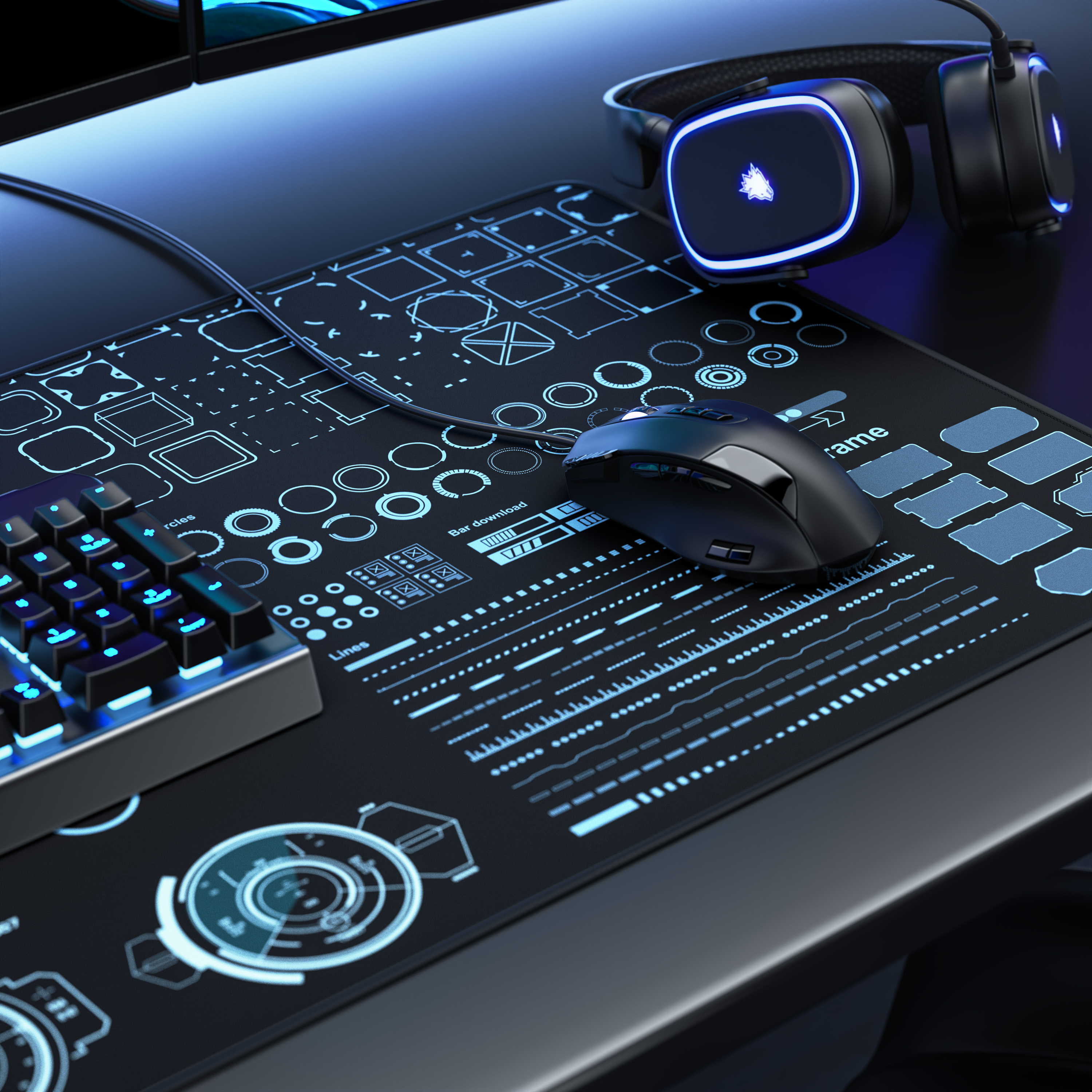 Ein Gaming-Schreibtisch mit Maus, Tastatur, blau beleuchtetem Mauspad und Kopfhörern.