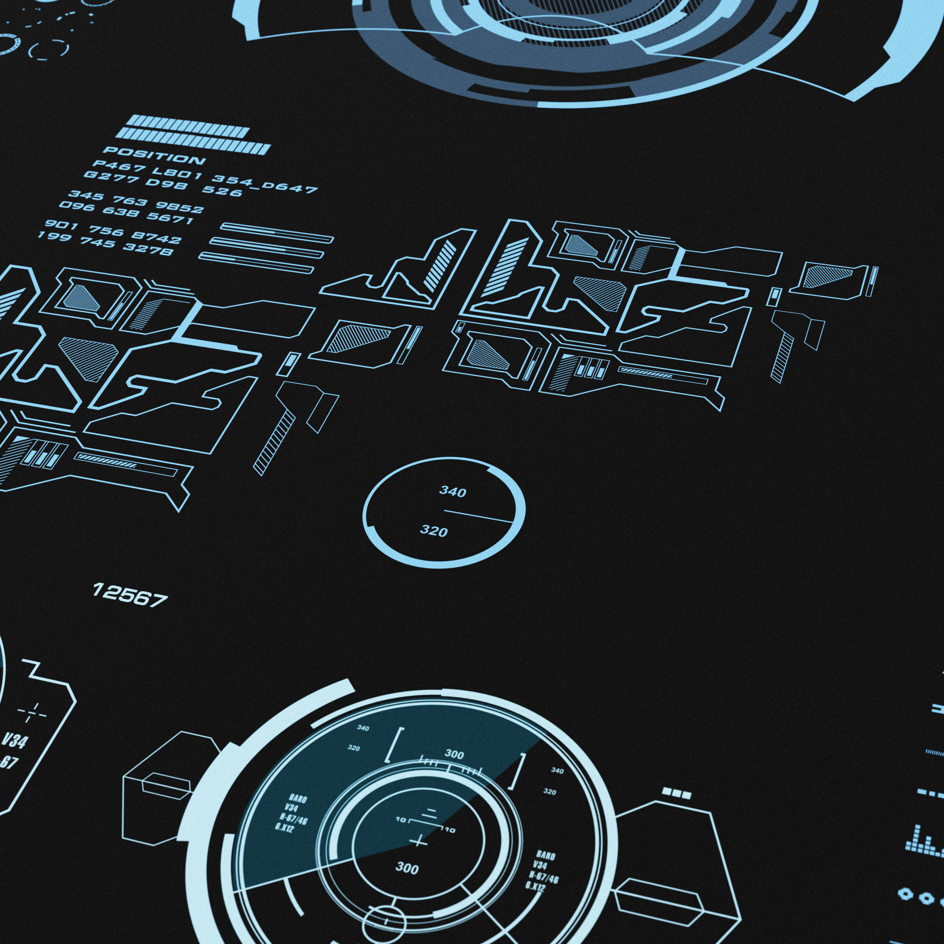 Blaue futuristische digitale HUD-Oberflächenelemente mit Zahlen und kreisförmigen Anzeigen auf dunklem Hintergrund.