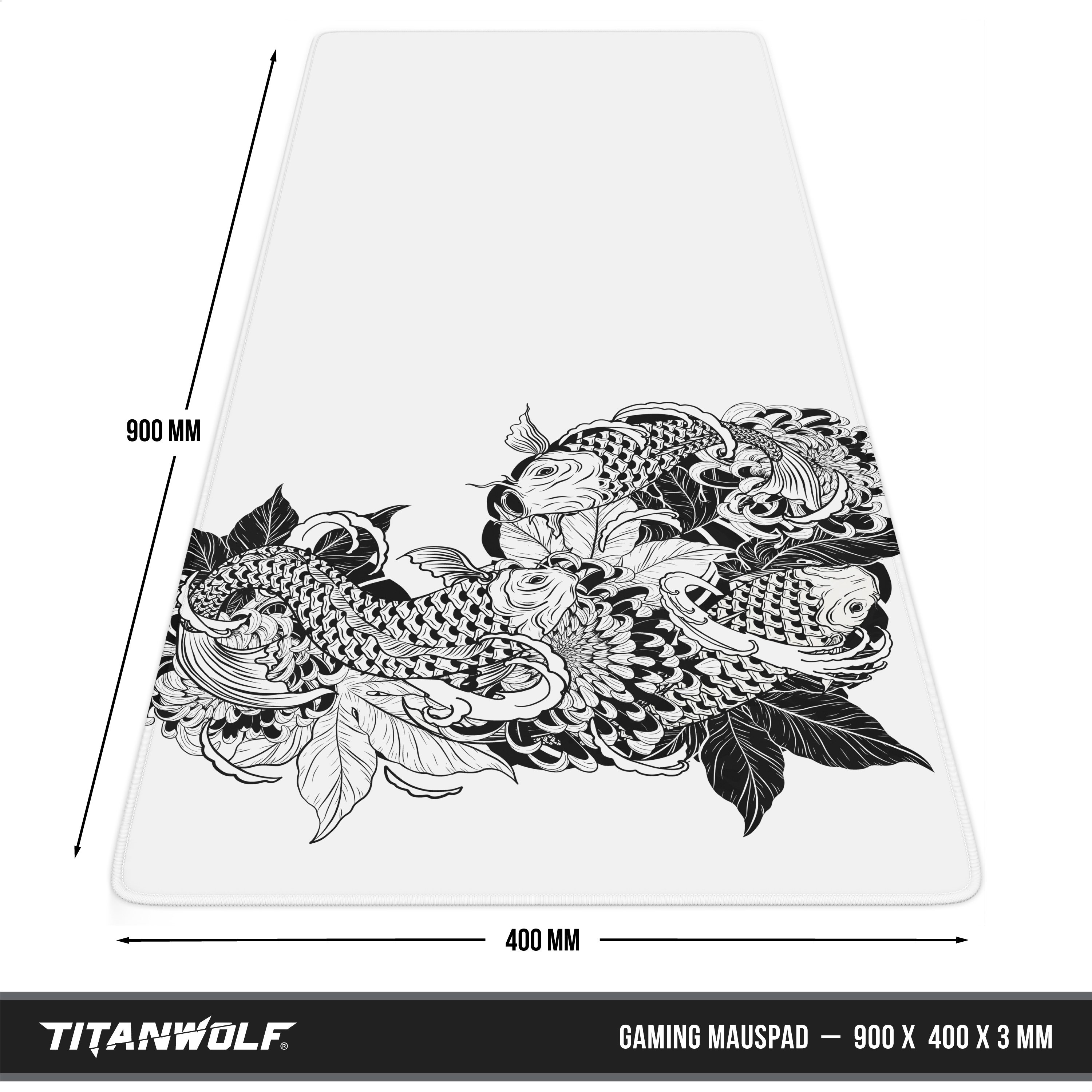 Titanwolf Gaming-Mauspad mit schwarz-weißem Koi-Karpfen-Design, Maße 900 x 400 mm.