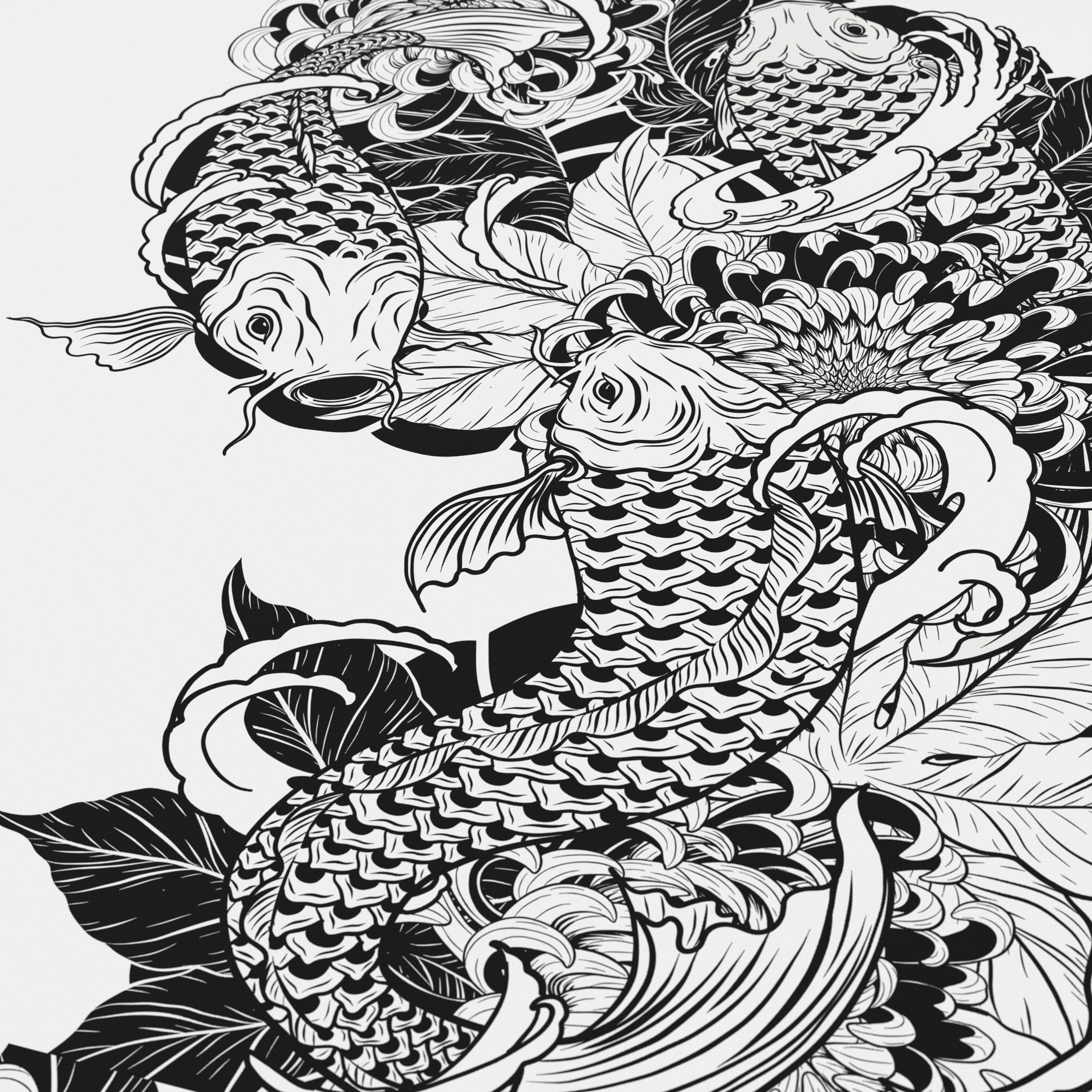 Schwarz-weiße Tuschezeichnung von Koi-Karpfen, Wasser und Blumen im traditionellen japanischen Stil.