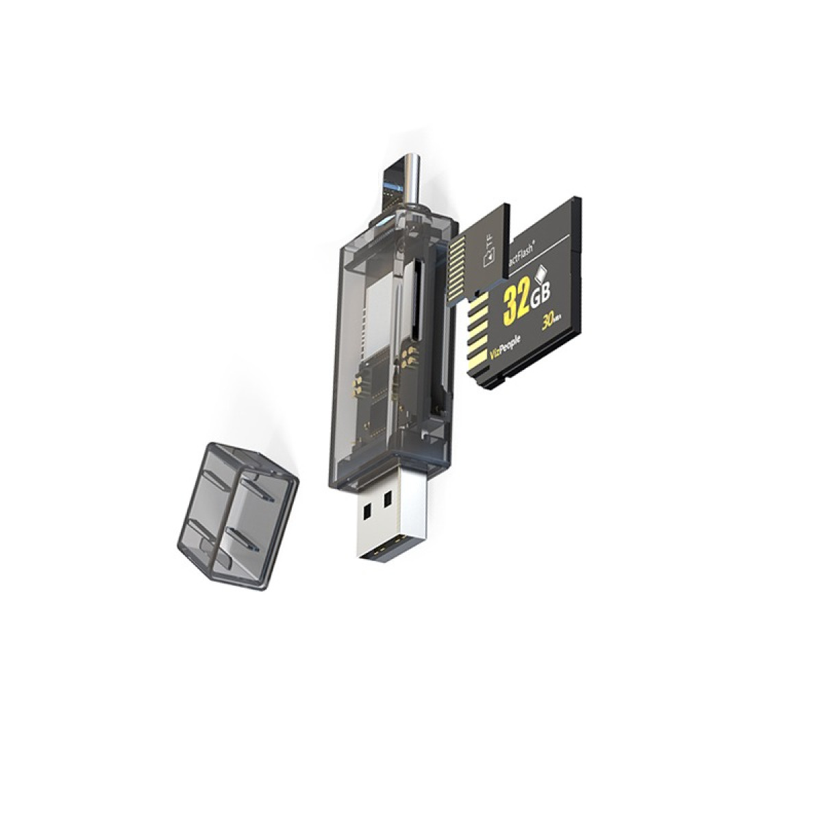 Ein transparenter USB-Kartenleser mit abnehmbarer Kappe und einer 32-GB-Speicherkarte, die eingesteckt wird.