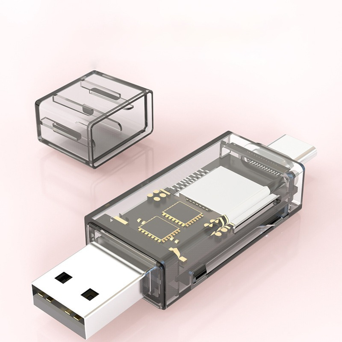 Transparenter USB-Adapter mit freiliegenden Mikrochips und Kappe auf rosa Hintergrund.