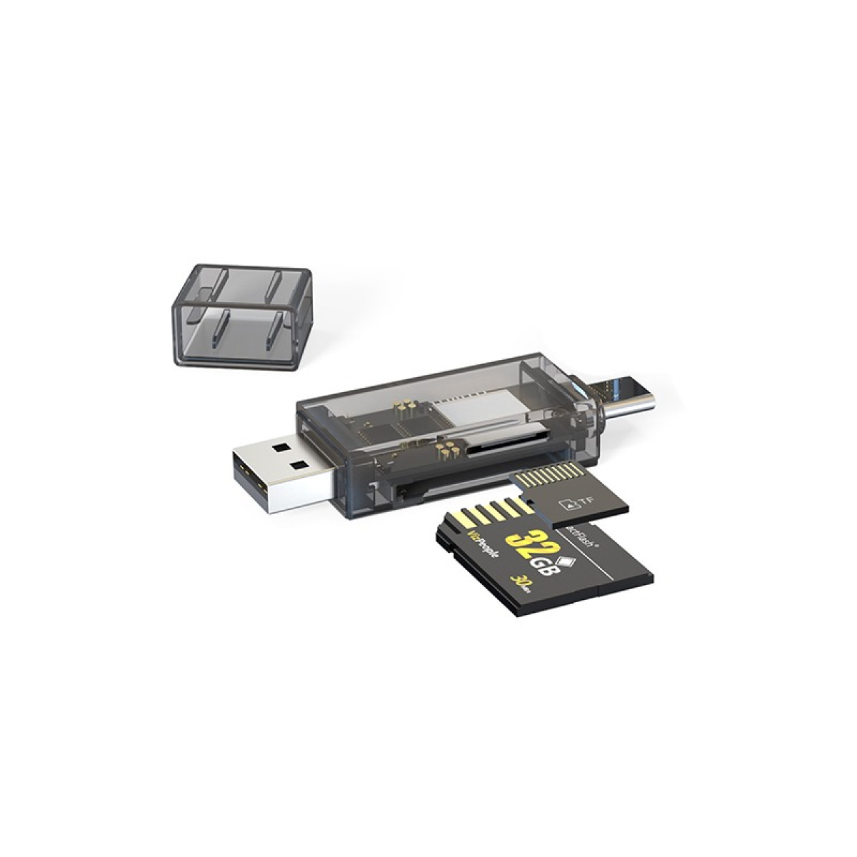 Transparenter USB-Kartenleser mit USB-A, USB-C und zwei eingesteckten SD-Karten sowie abgenommener Schutzkappe.