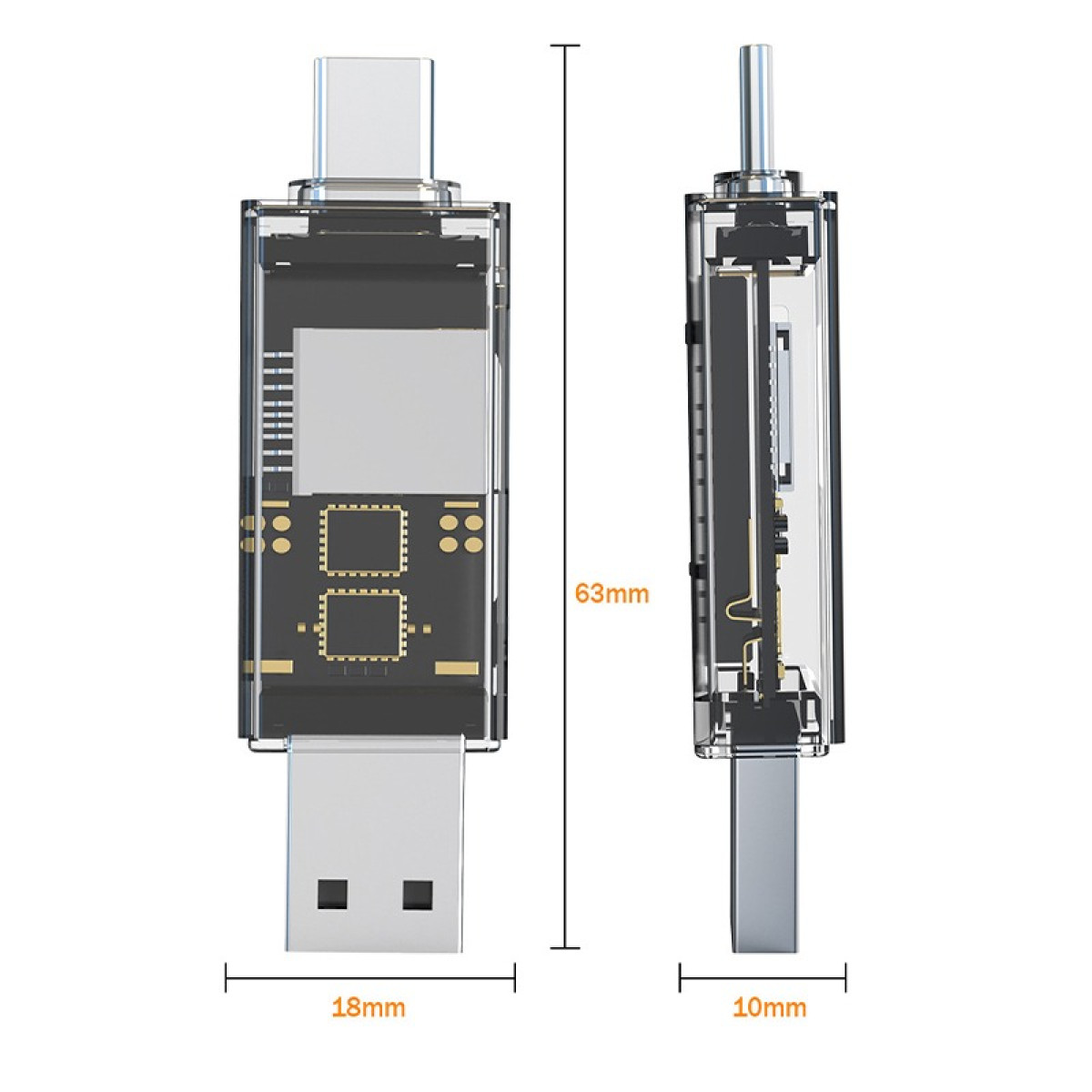 Transparentes USB-A zu USB-C Adapter mit sichtbaren Chips; Maße: 63 mm Höhe, 18 mm Breite.