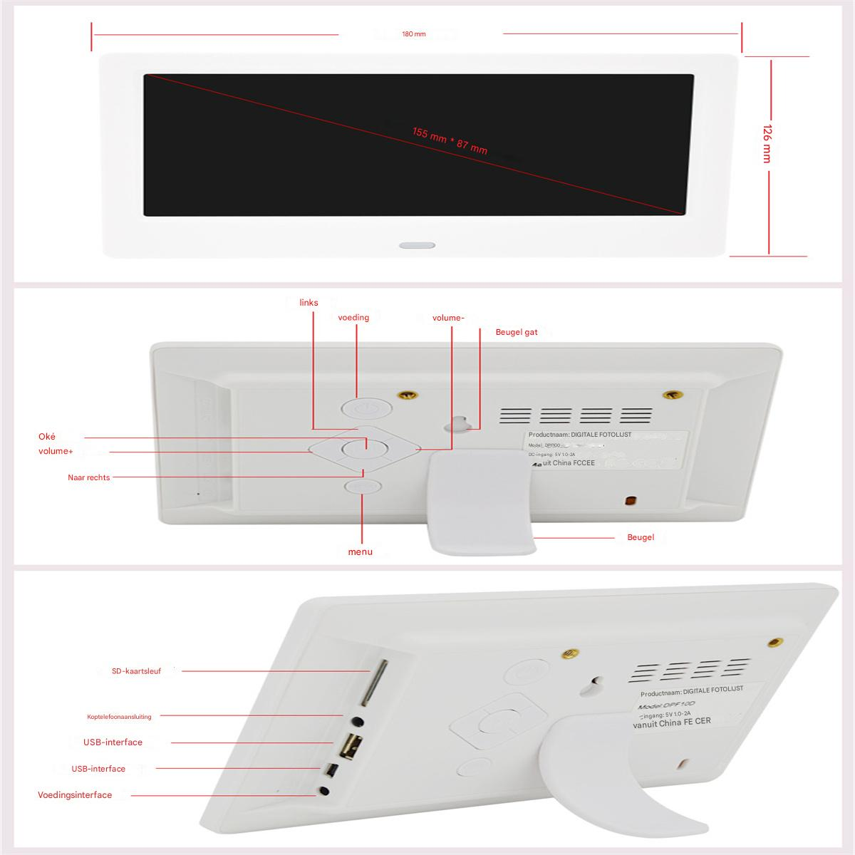 Technisches Diagramm eines digitalen Bilderrahmens mit Maßen, Tasten, Anschlüssen und Beschriftungen.