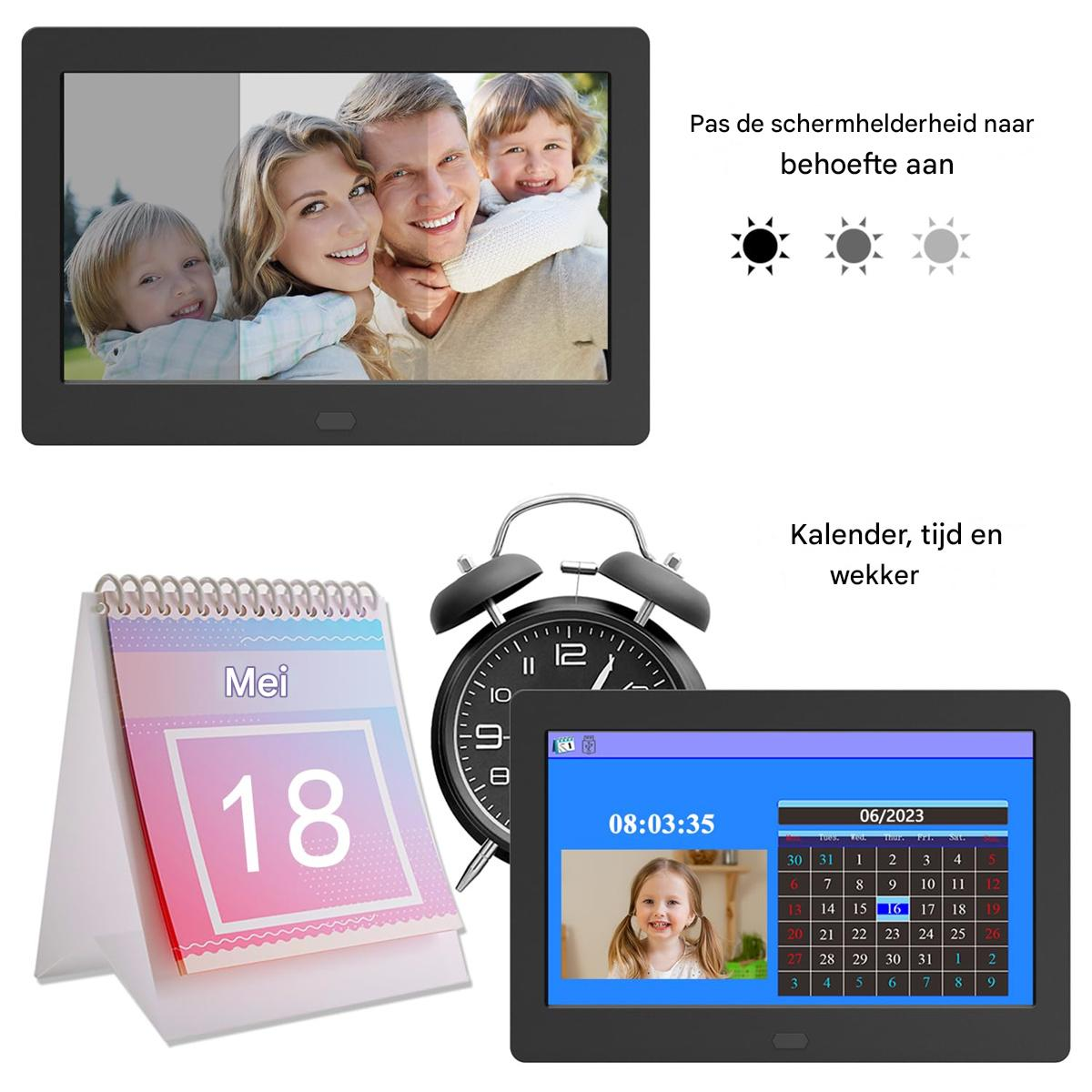 Digitale Bilderrahmen, ein Wecker und ein Tischkalender zeigen Funktionen wie Helligkeit, Uhrzeit und Kalender.
