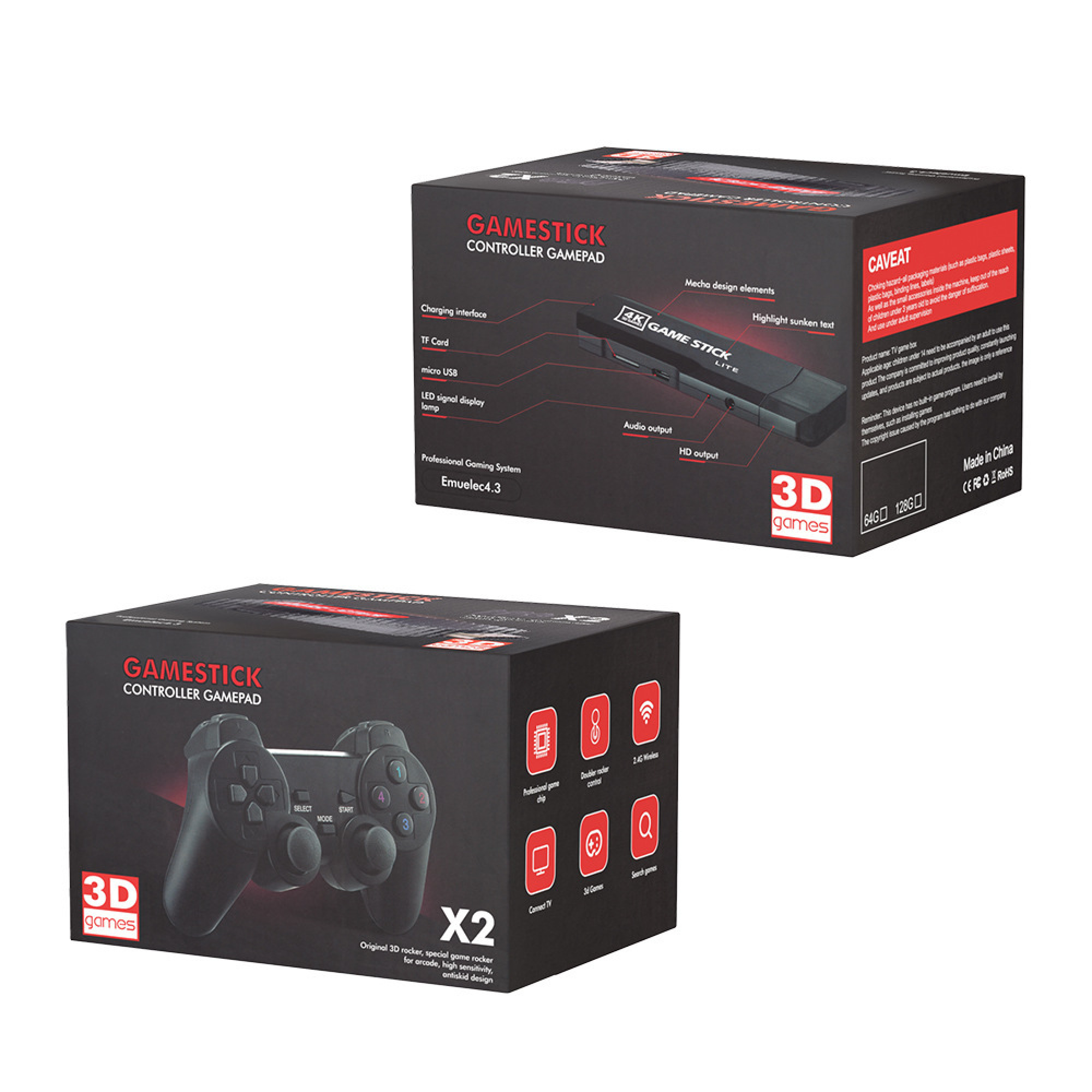 Zwei schwarze Verpackungskartons für ein 3D-Game-Stick-Controller-Gamepad auf weißem Hintergrund.