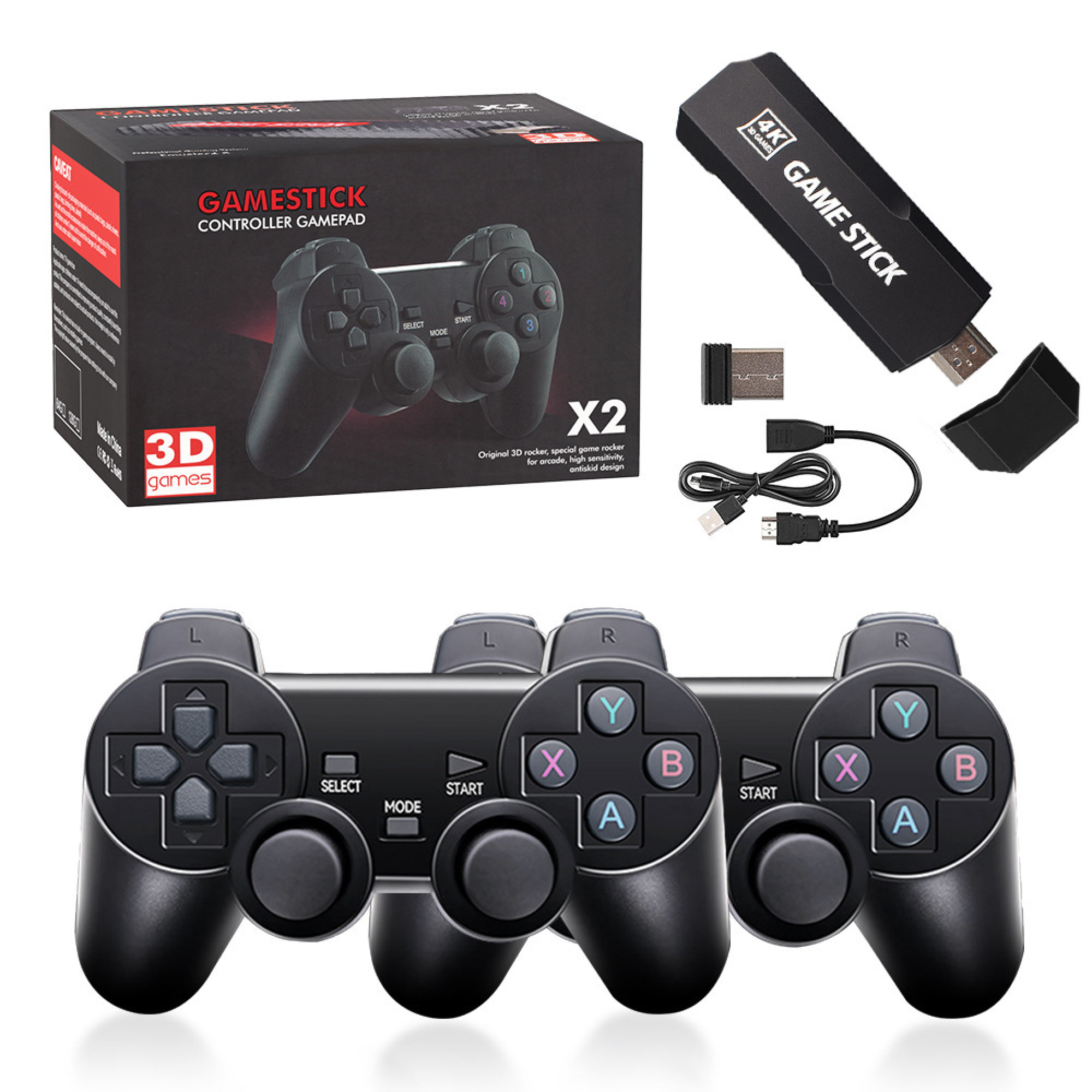Spielstick mit zwei Gamepads, einer Box, einem USB-Empfänger und Kabeln auf weißem Hintergrund.