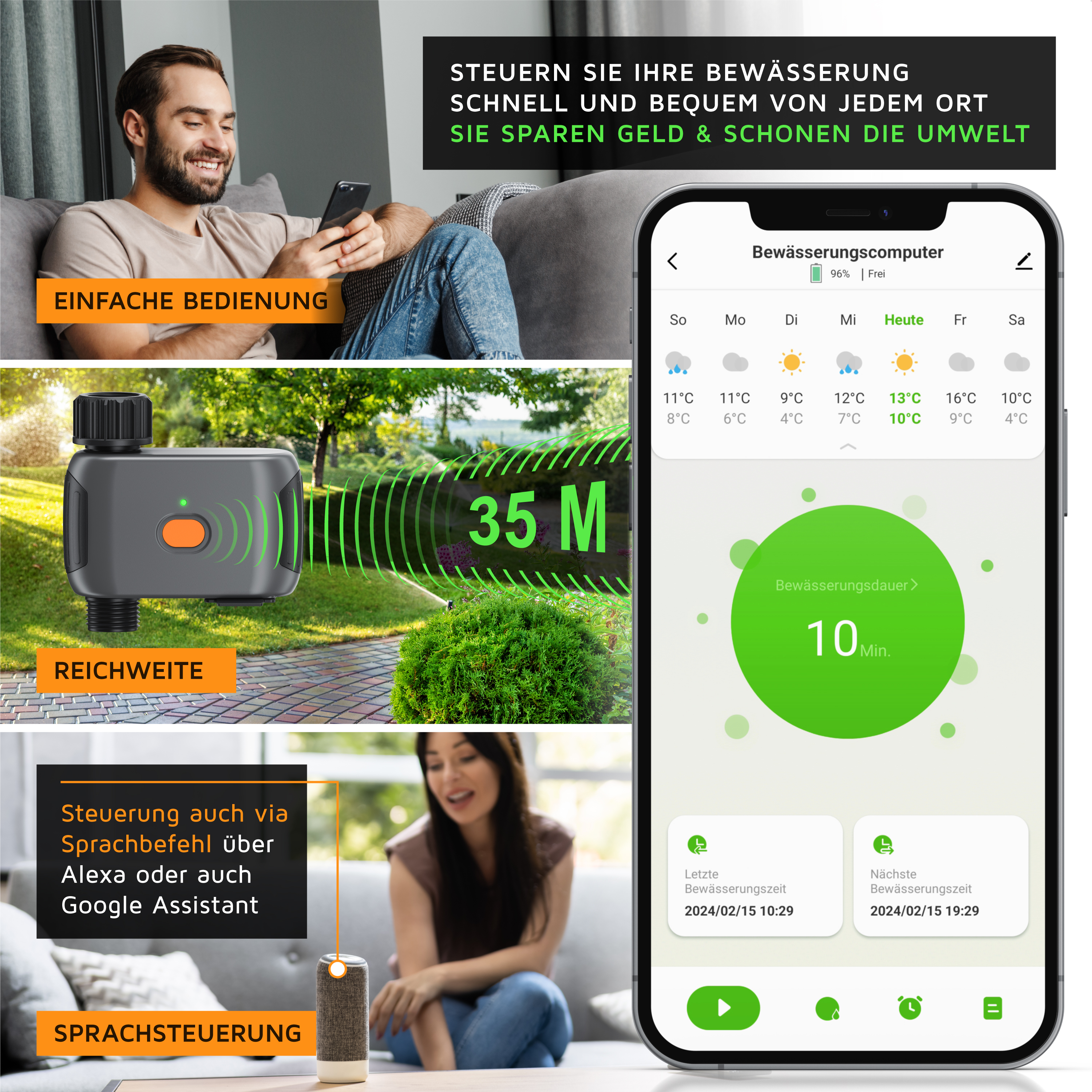 App zur Bewässerungssteuerung mit Smartphone, Smart Speaker und Bewässerungscomputer im Garten.