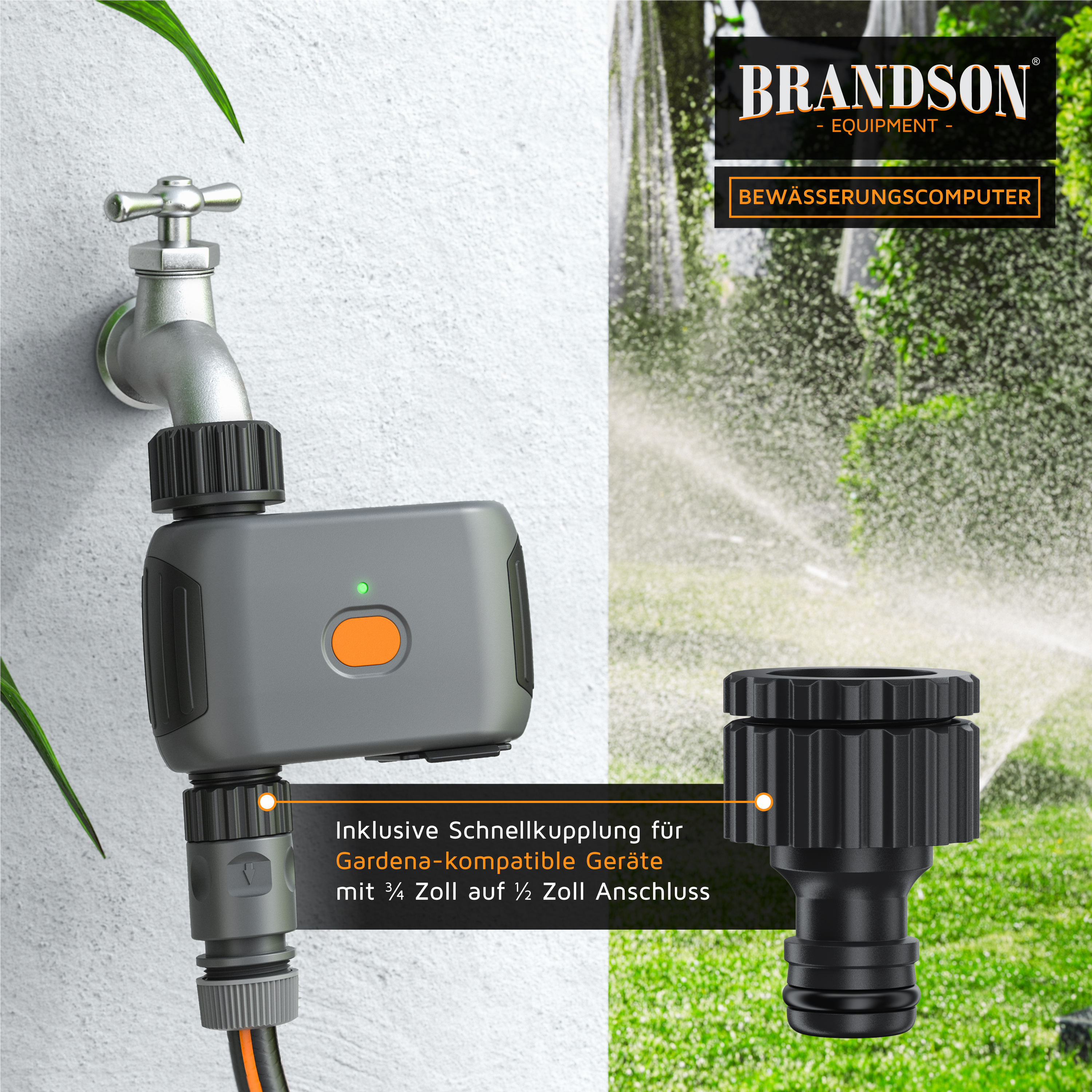 Brandson Bewässerungscomputer mit Gardena-kompatibler Schnellkupplung an Wasserhahn.