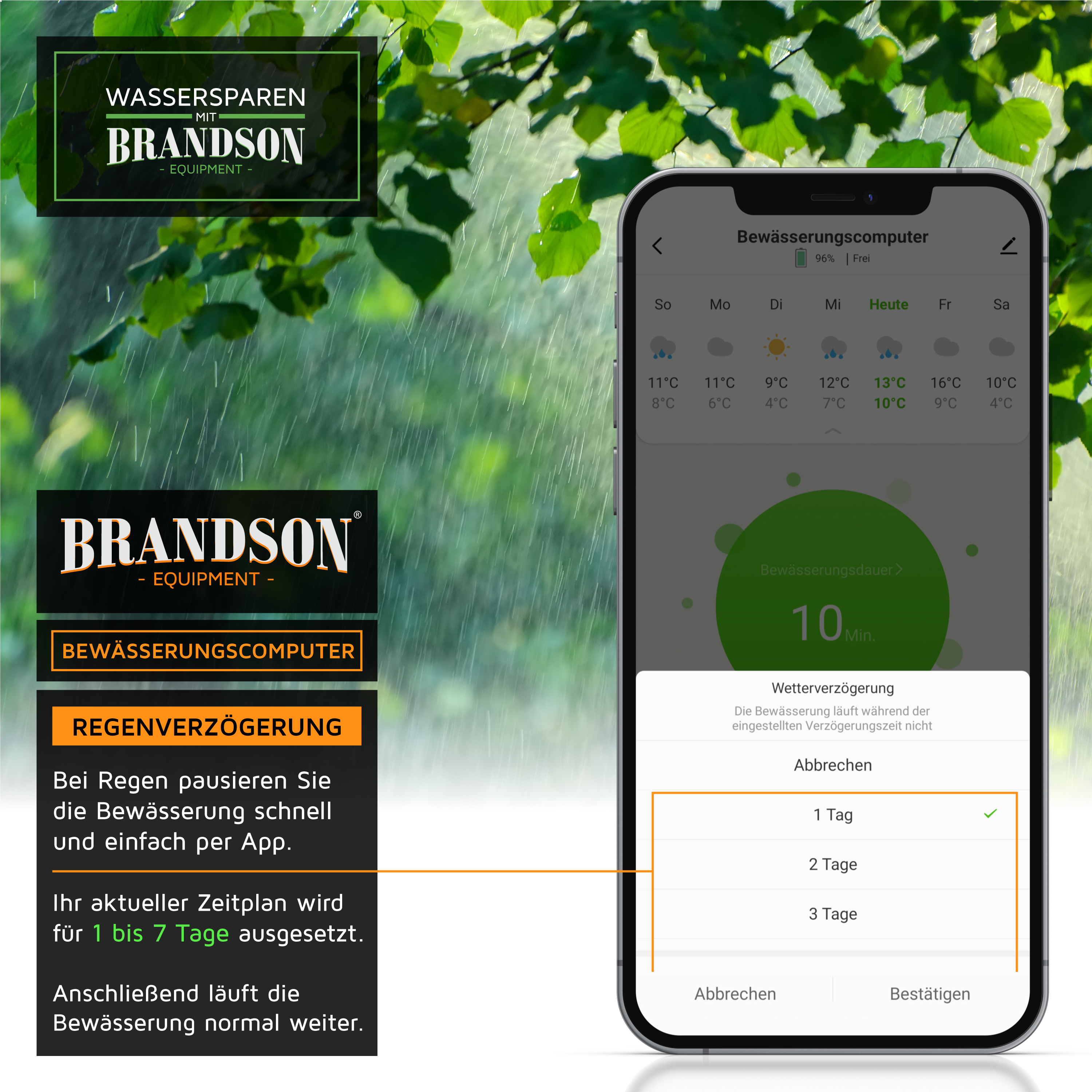 Smartphone zeigt eine Brandson-App zur Regenverzögerung der Bewässerung vor regnerischem Hintergrund.