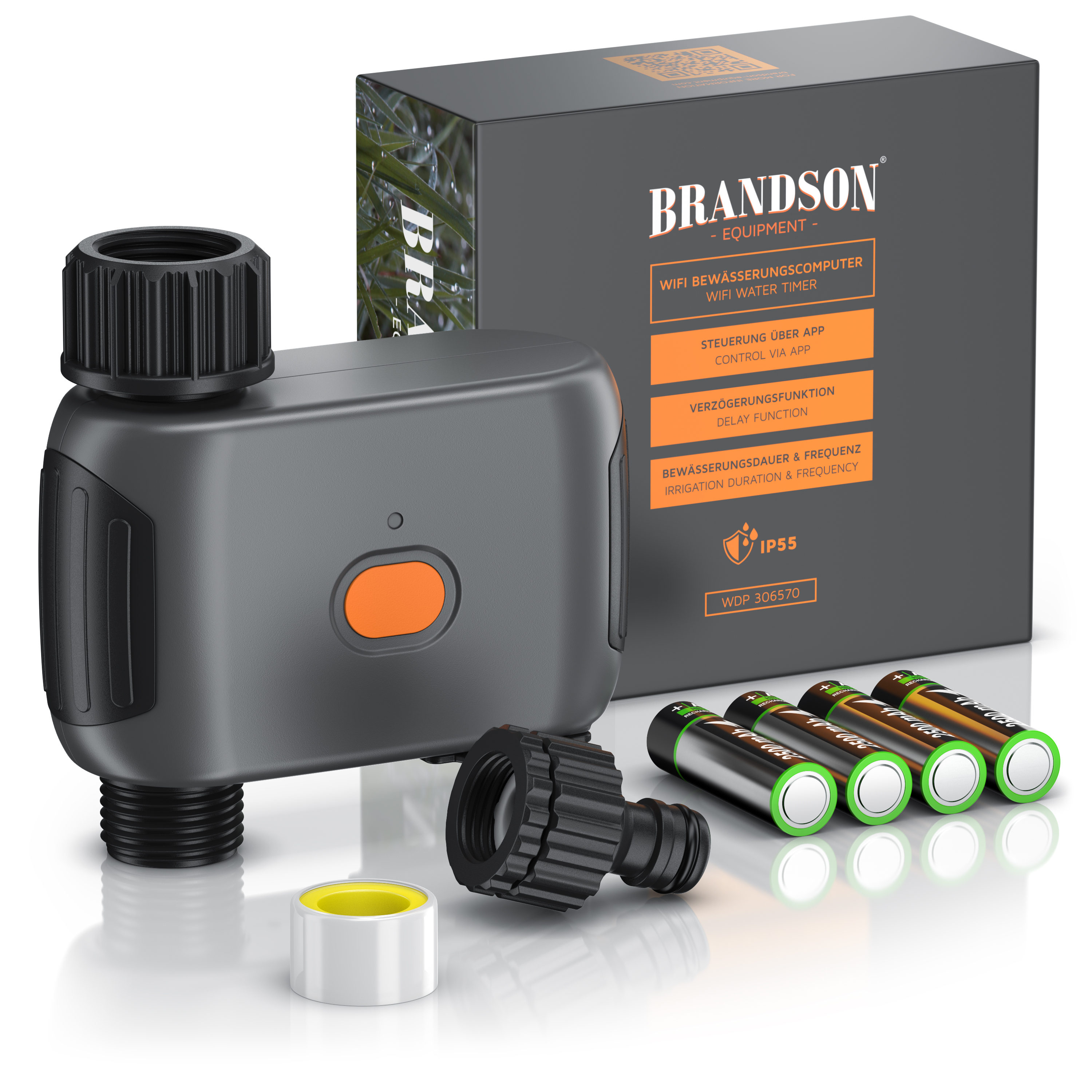 Brandson WLAN-Bewässerungscomputer in Grau mit Zubehör, Verpackung und Batterien vor weißem Hintergrund.