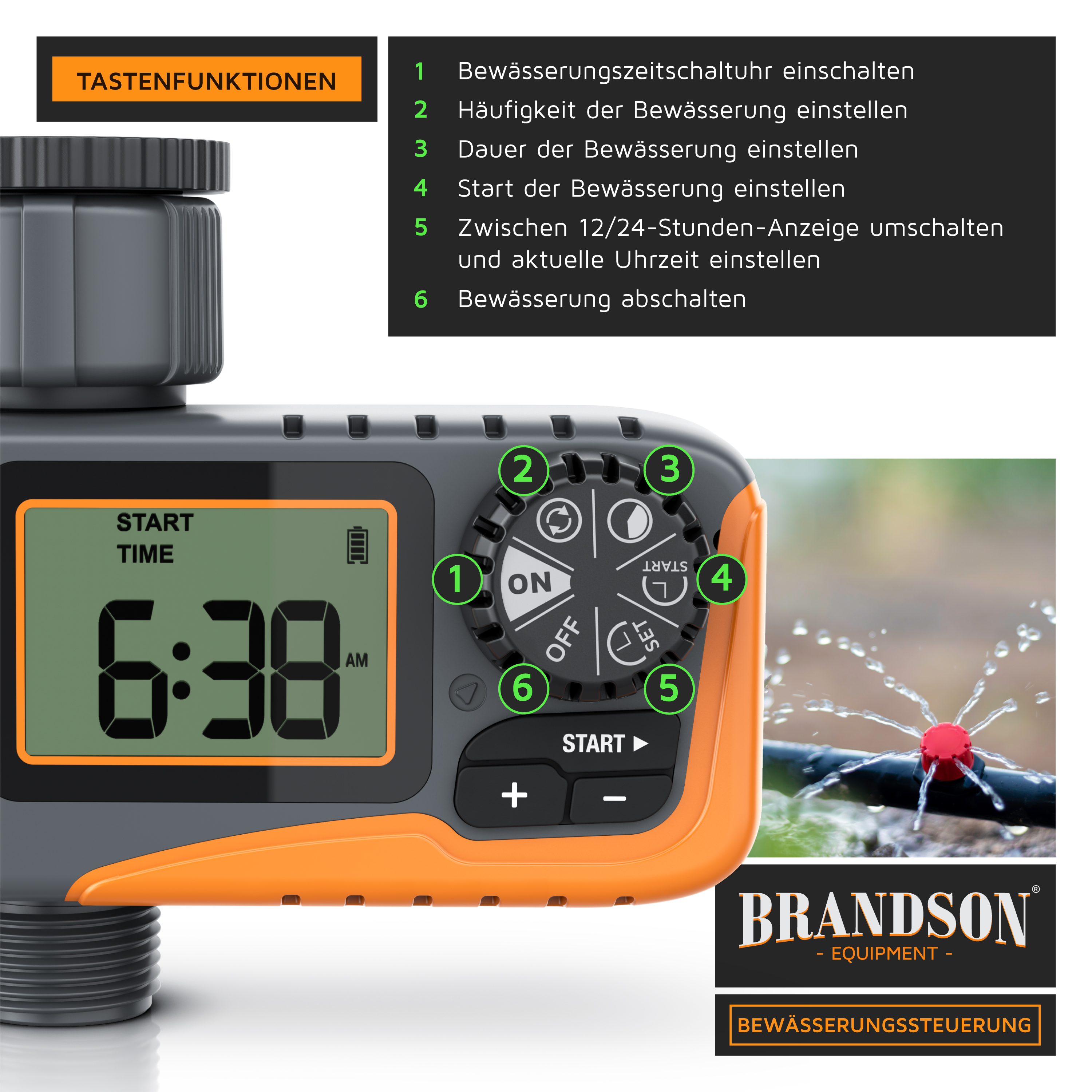 Diagramm der Tastenfunktionen einer grauen Brandson Bewässerungszeitschaltuhr mit digitalem Display.