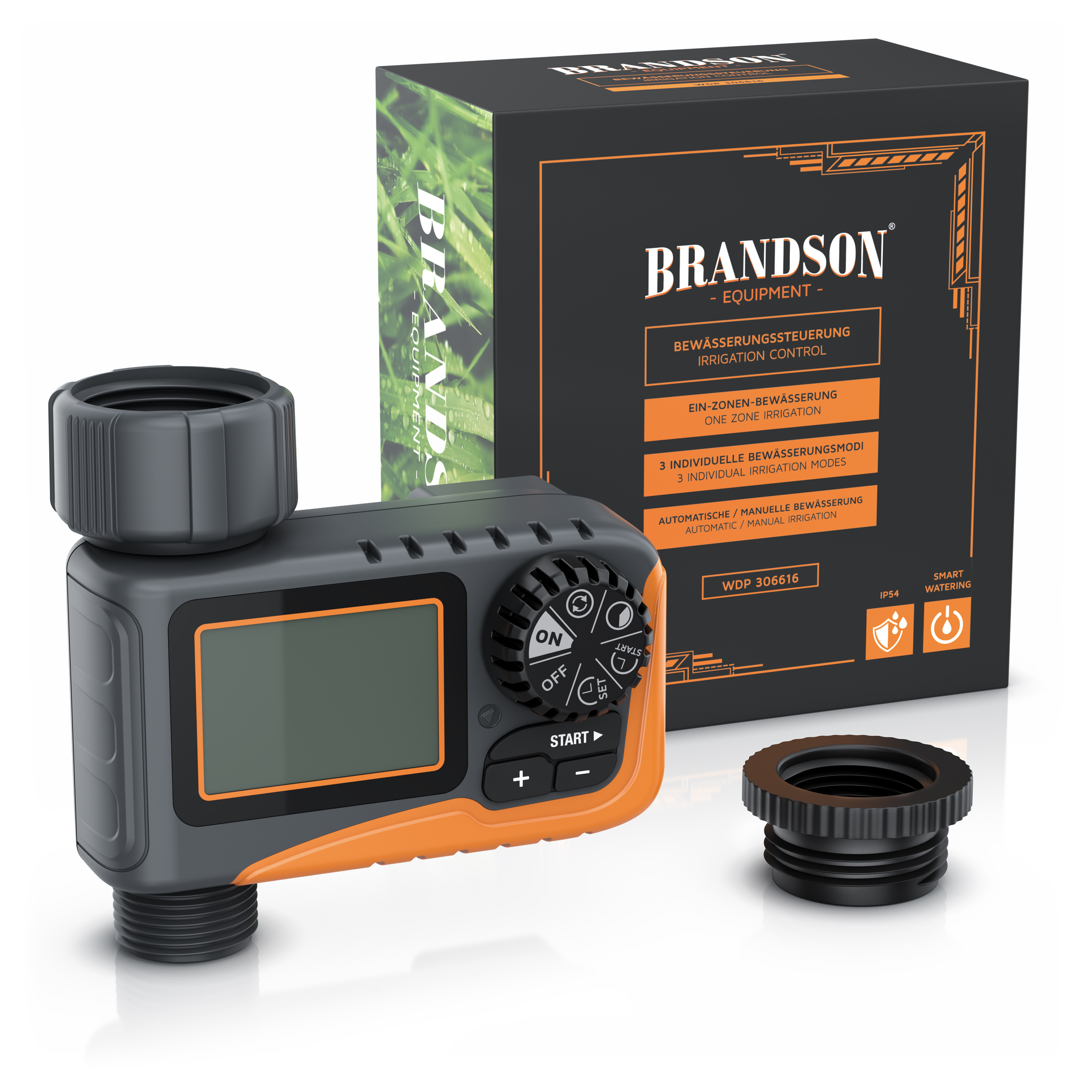 Brandson Bewässerungssteuerung mit digitalem Display, Drehregler und Tasten vor der schwarzen Produktverpackung.