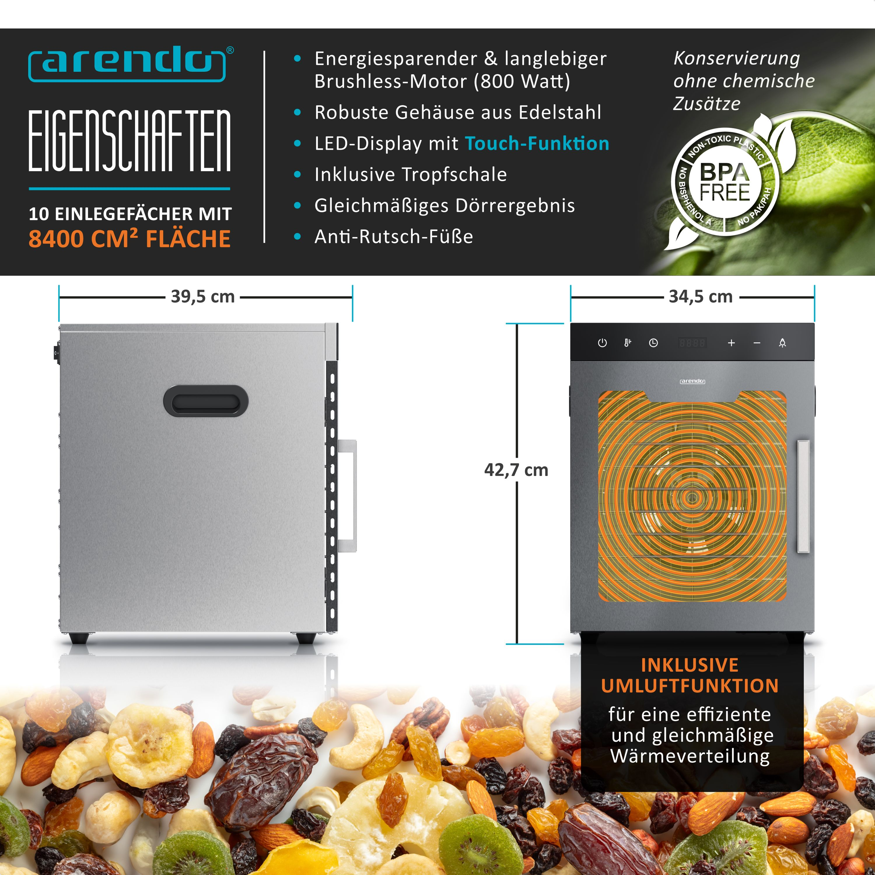 Edelstahl-Dörrautomat von Arendo mit LED-Display, Maßen, BPA-freiem Siegel und Trockenobst im Hintergrund.