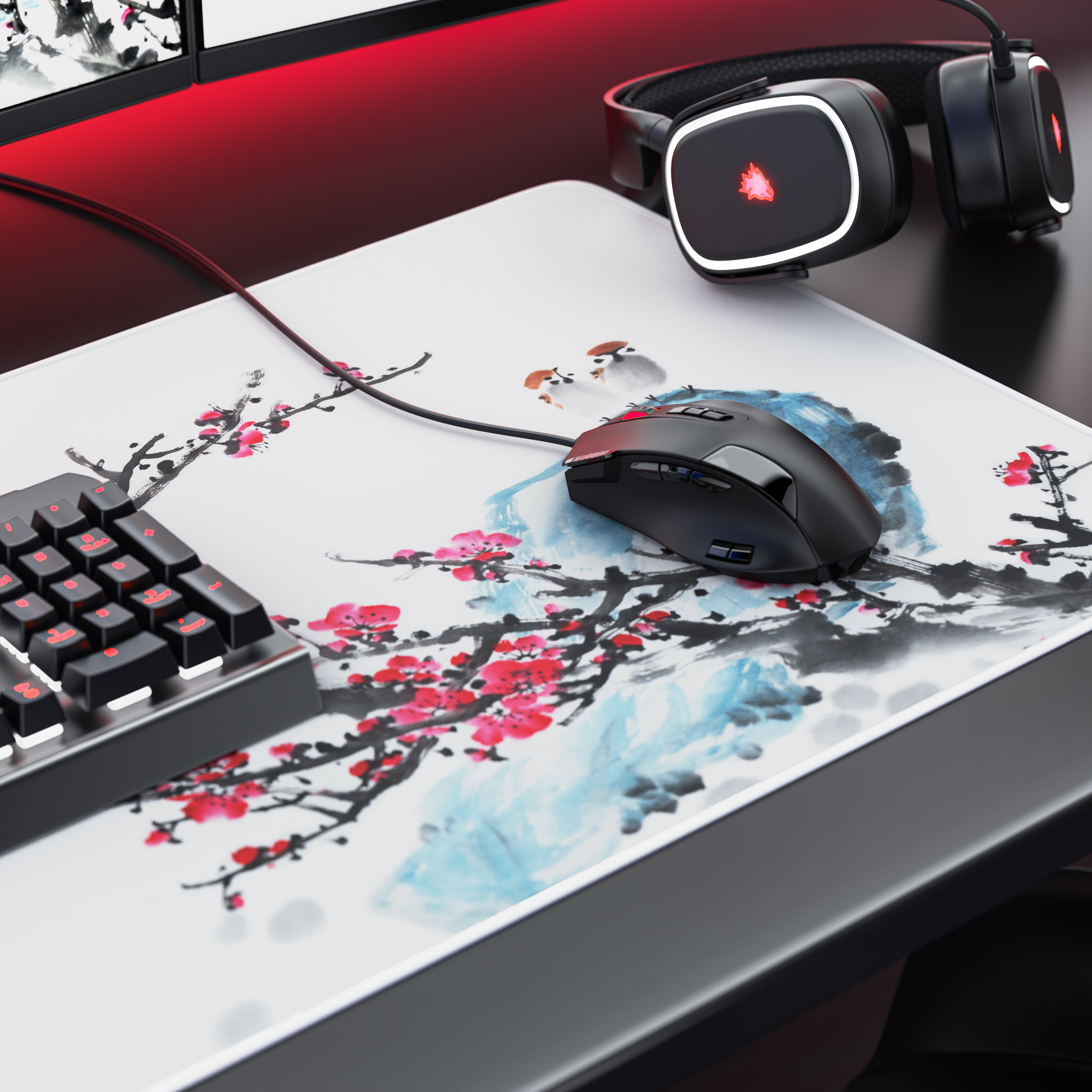 Gaming-Maus, Tastatur und Kopfhörer auf einer Schreibtischunterlage mit Kirschblütenmotiv.
