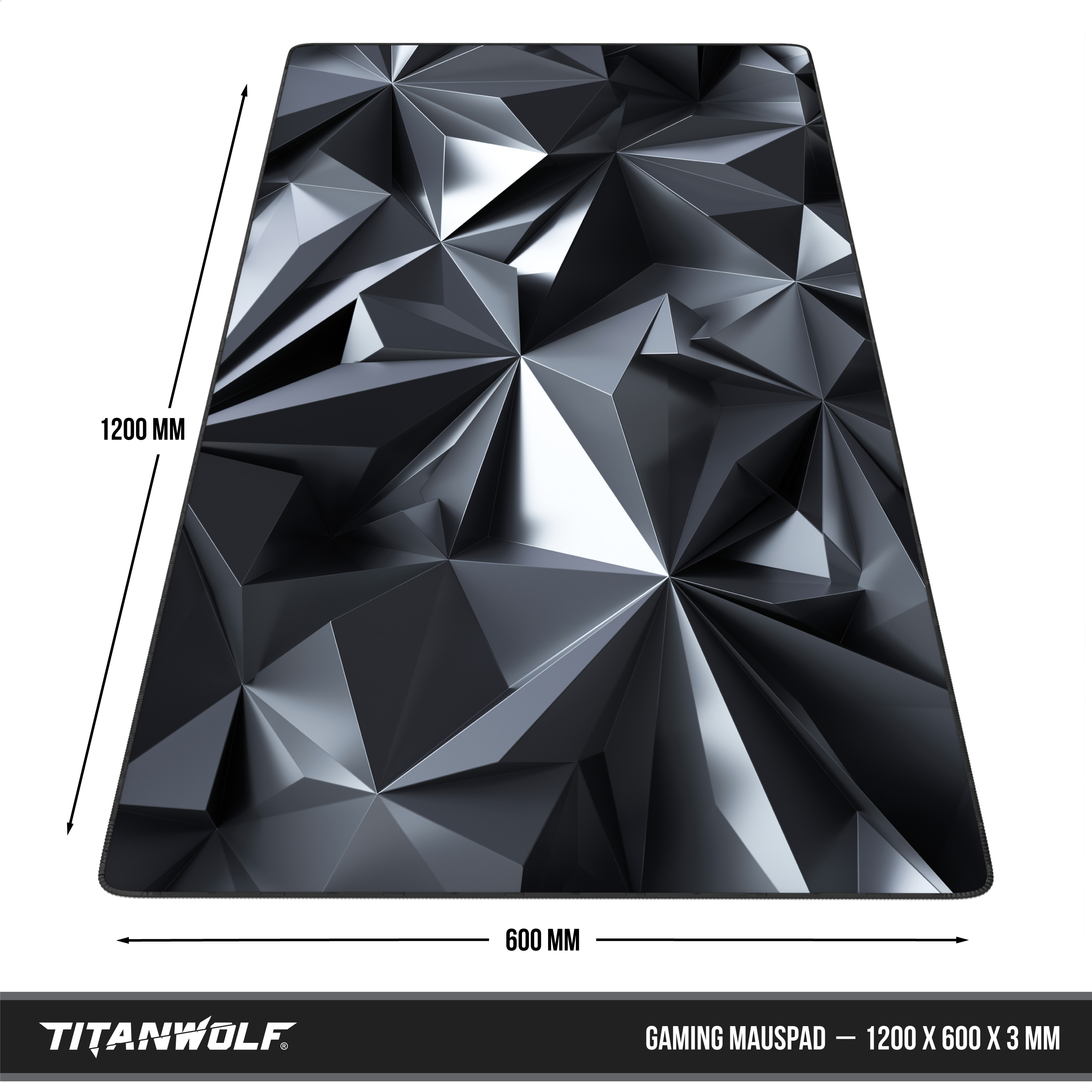 Titanwolf Gaming-Mauspad mit schwarz-silbernem Polygon-Muster, 1200x600 mm groß.