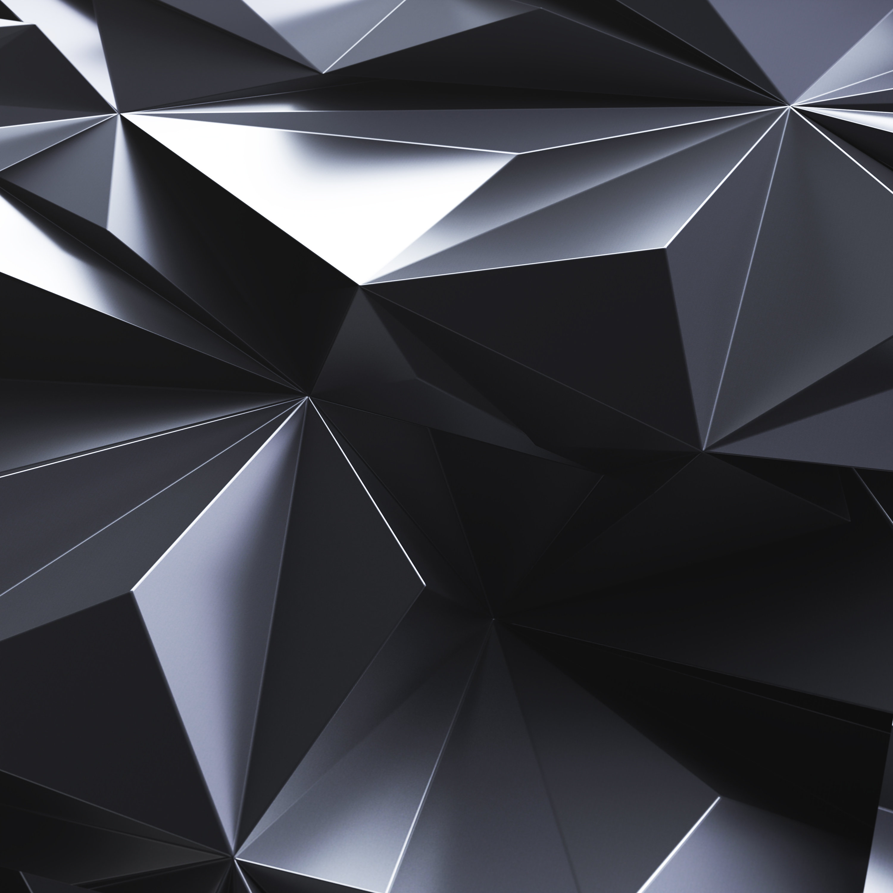 Abstrakter Hintergrund aus dunklen, metallischen, geometrischen Dreiecksformen mit Lichtern und Schatten.