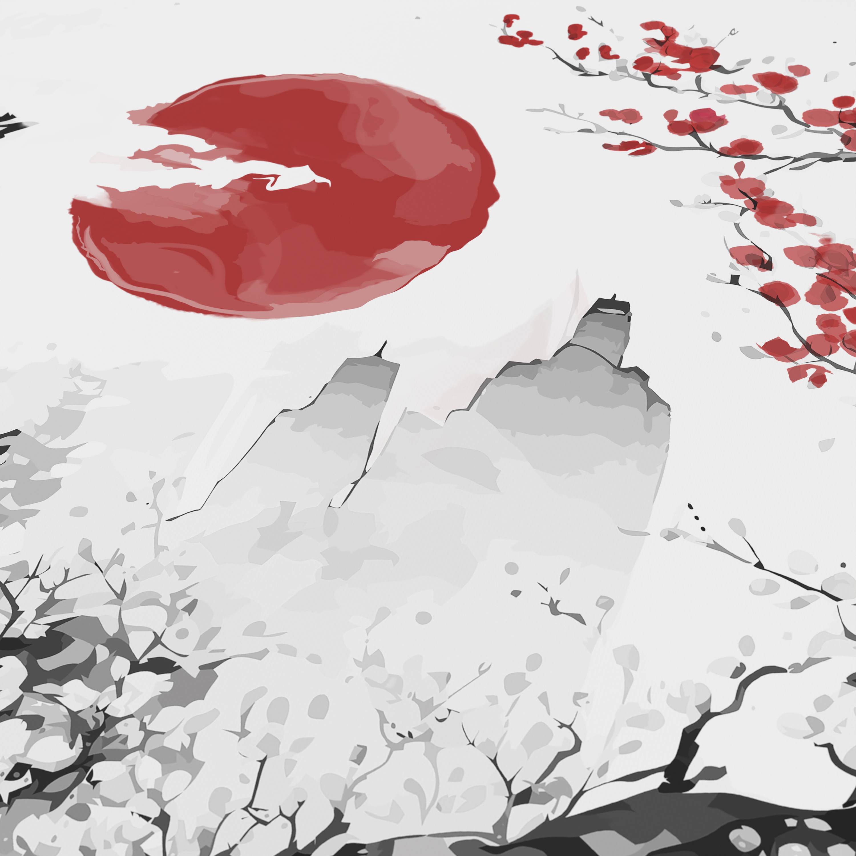 Eine japanische Tuschemalerei zeigt rote Kirschblüten, graue Klippen und eine große rote Sonne auf weißem Grund.