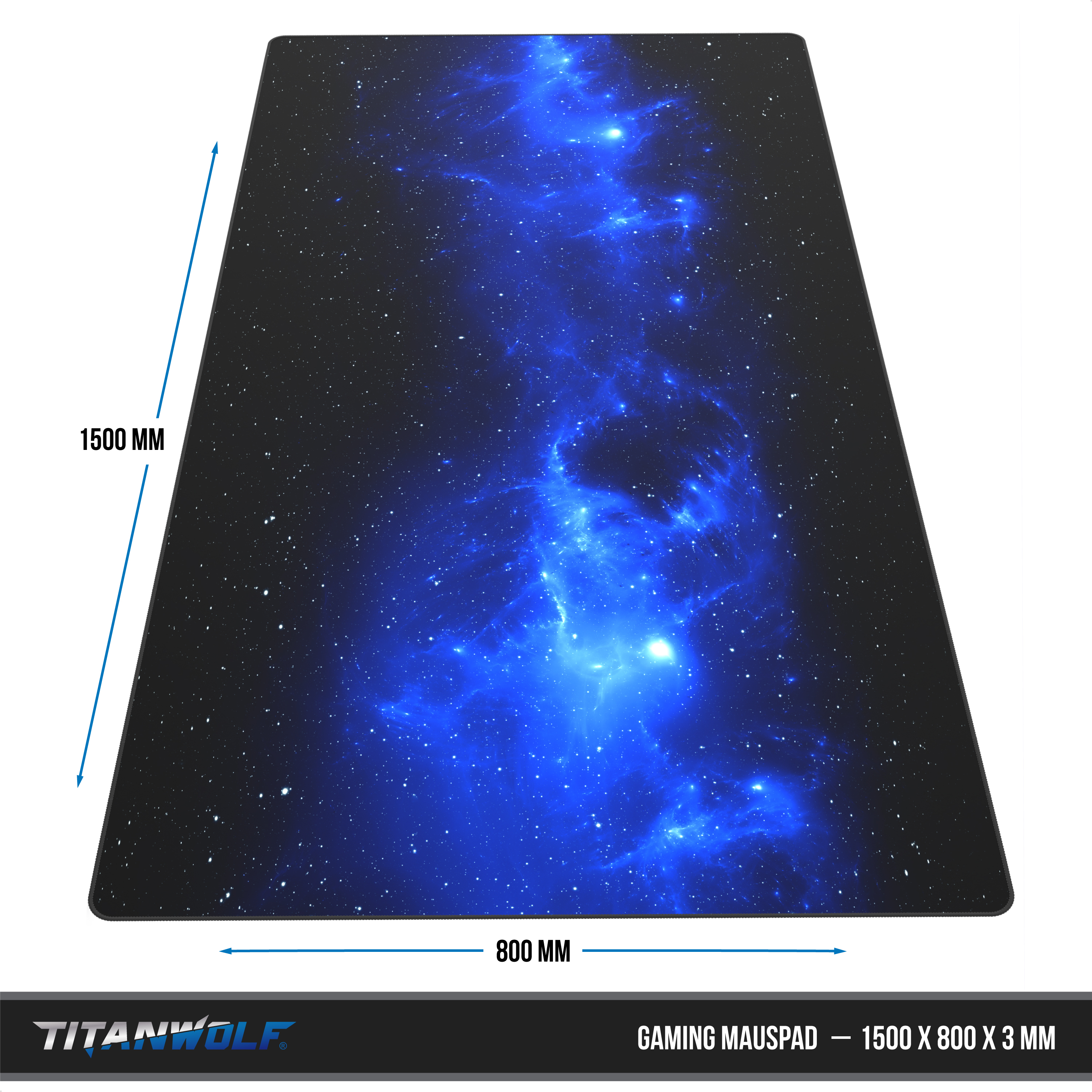 Ein großes Titanwolf Gaming-Mauspad mit blauem Galaxie-Design, Maße 1500 x 800 mm.