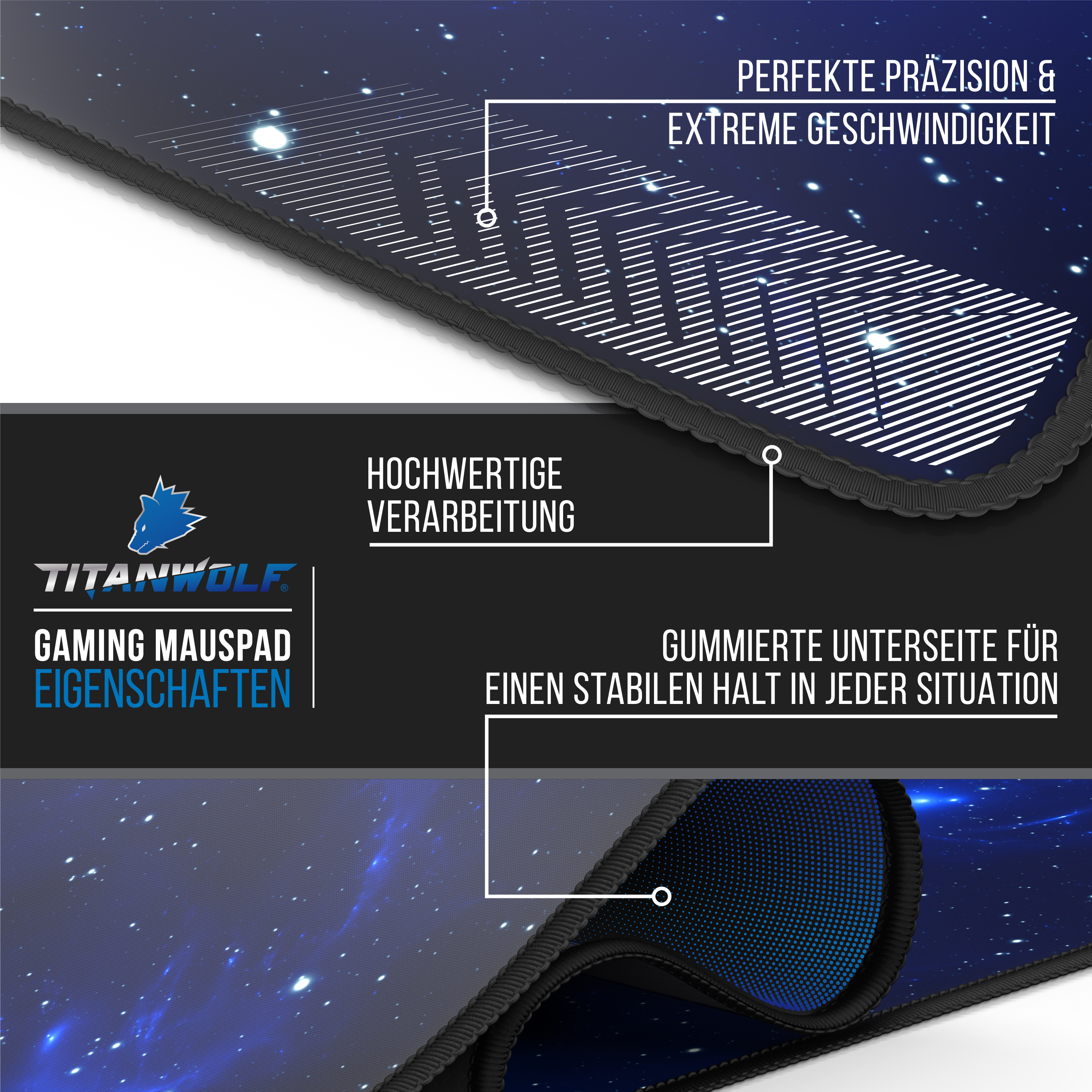 Titanwolf Gaming-Mauspad mit Weltraum-Design und Funktionshinweisen.