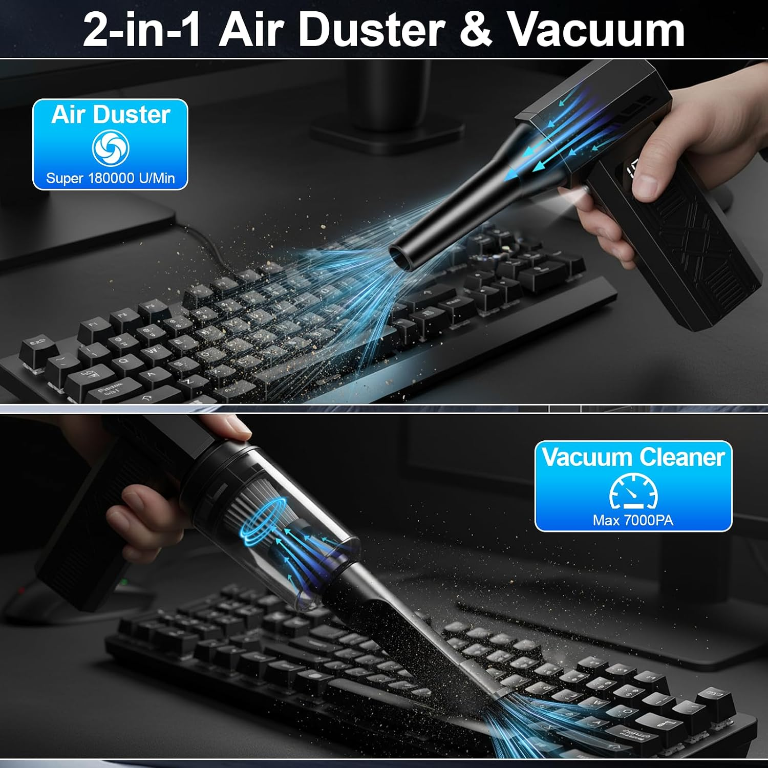 Ein 2-in-1-Luftreiniger und Staubsauger bläst Staub von einer Tastatur oder saugt ihn ab.