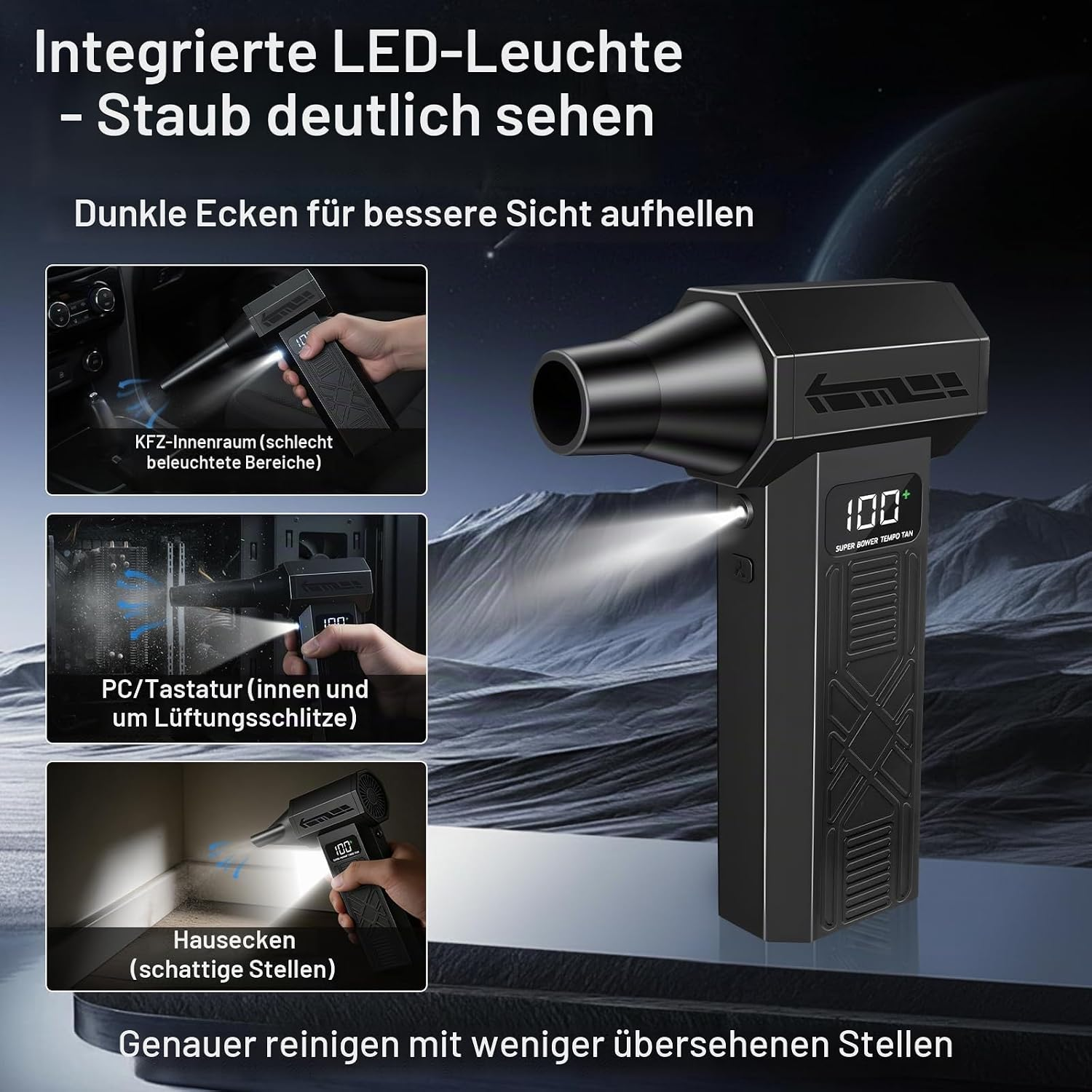 Ein schwarzer akkubetriebener Druckluftreiniger mit integrierter LED und Display, mit Anwendungsbeispielen.