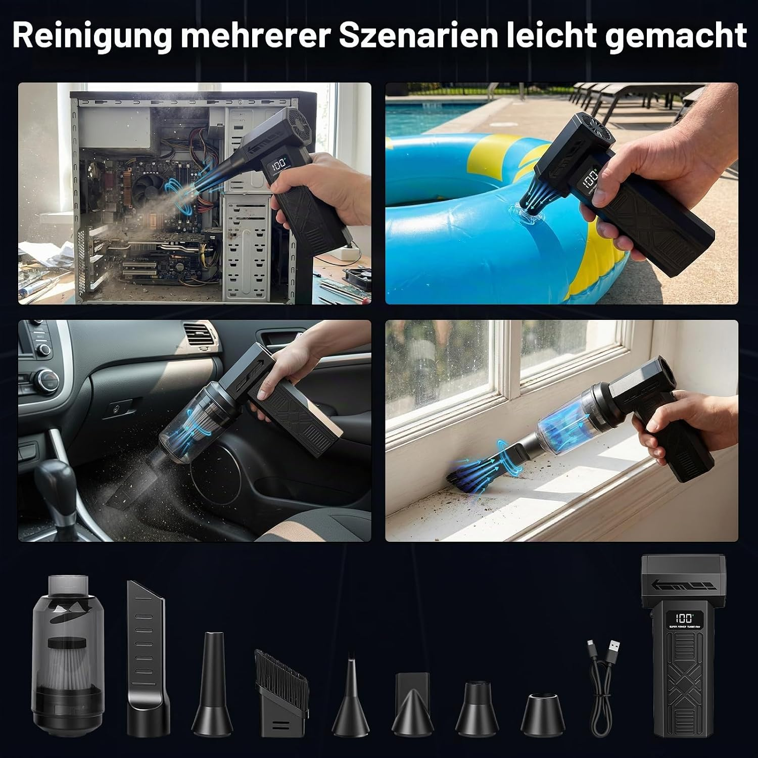 Ein tragbarer elektrischer Bläser mit verschiedenen Aufsätzen reinigt PC, Pool, Auto und Fensterrahmen.