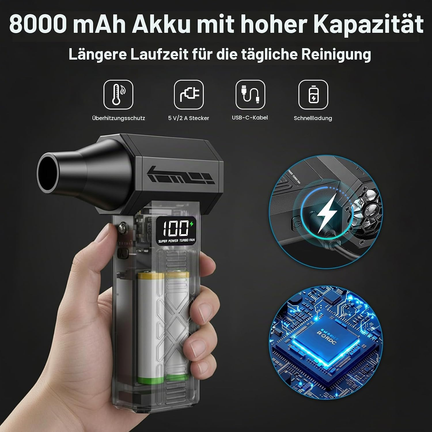 Hand hält einen elektronischen Duster mit transparentem Gehäuse, sichtbaren Batterien und LCD-Batteriestandsanzeige.