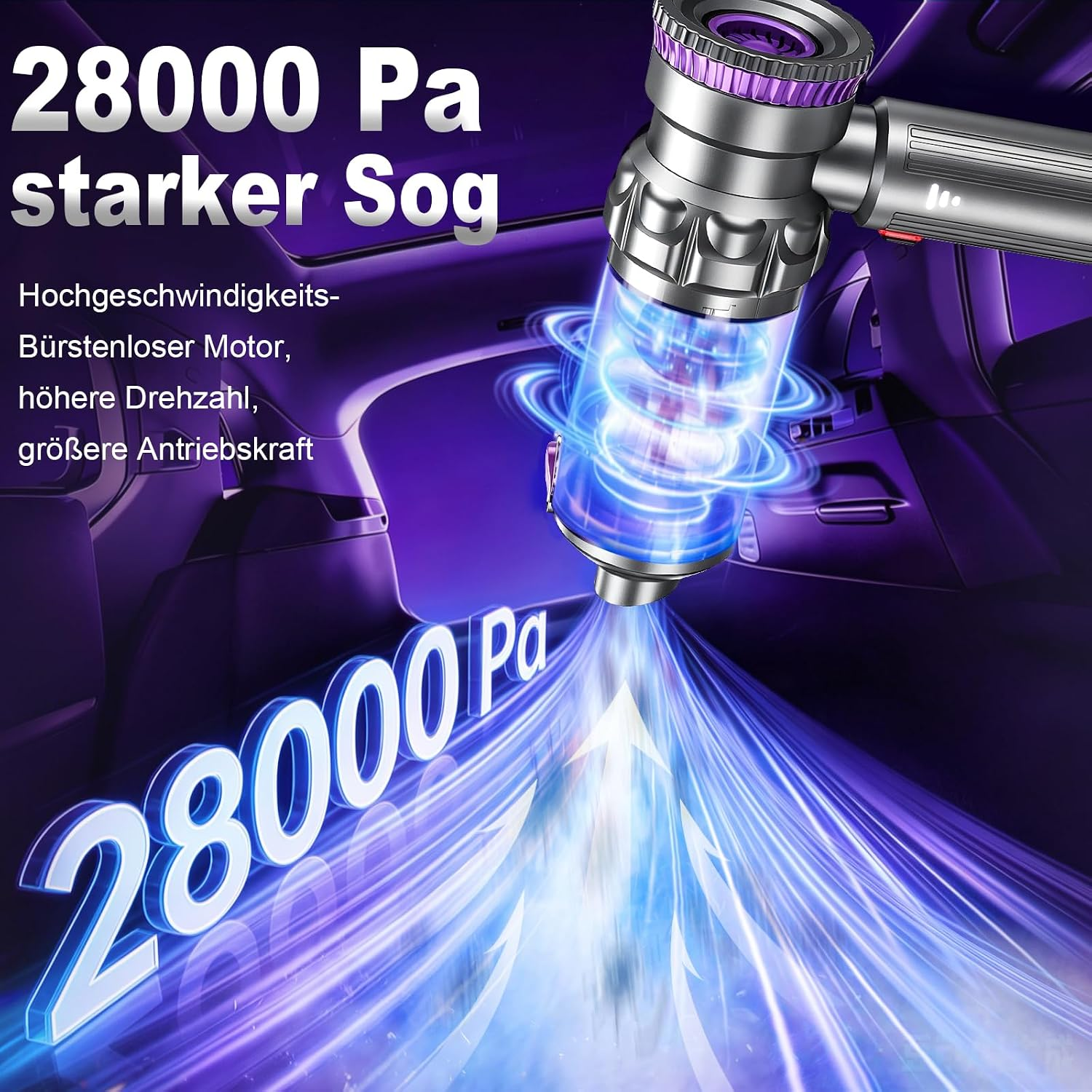 Ein Handstaubsauger fürs Auto mit 28000 Pa starker Saugkraft reinigt einen Autoinnenraum mit blauen Effekten.