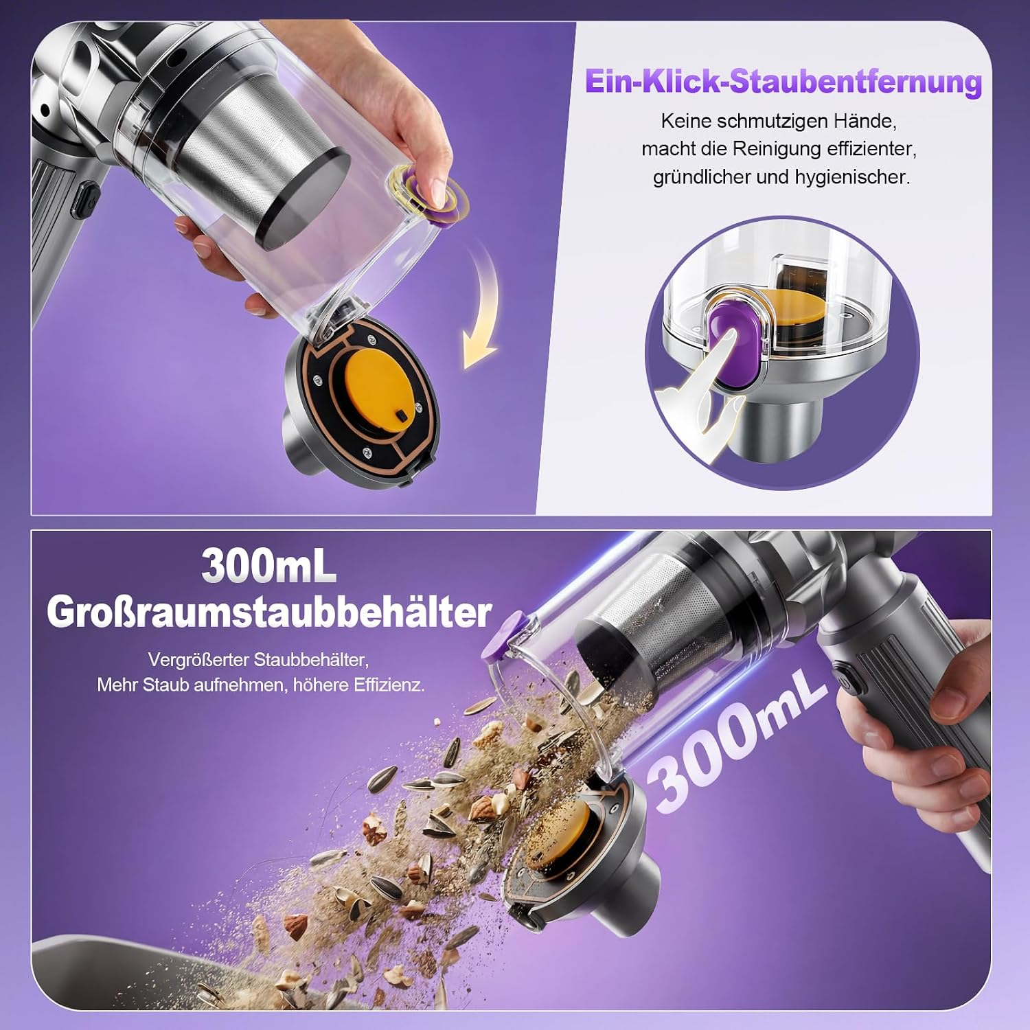 Staubsauger mit 300ml Staubbehälter zeigt Ein-Klick-Entleerung und das Ausleeren von Schmutz.