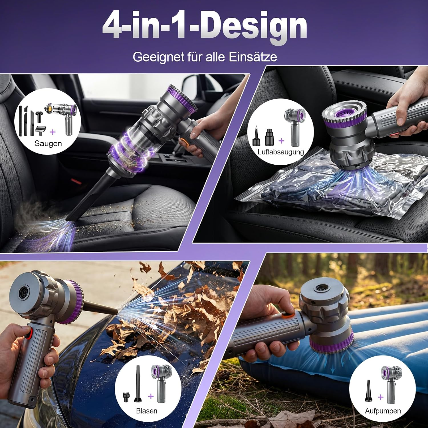 Ein 4-in-1 Handstaubsauger wird zum Saugen, Blasen, Aufpumpen und Vakuumieren verwendet.