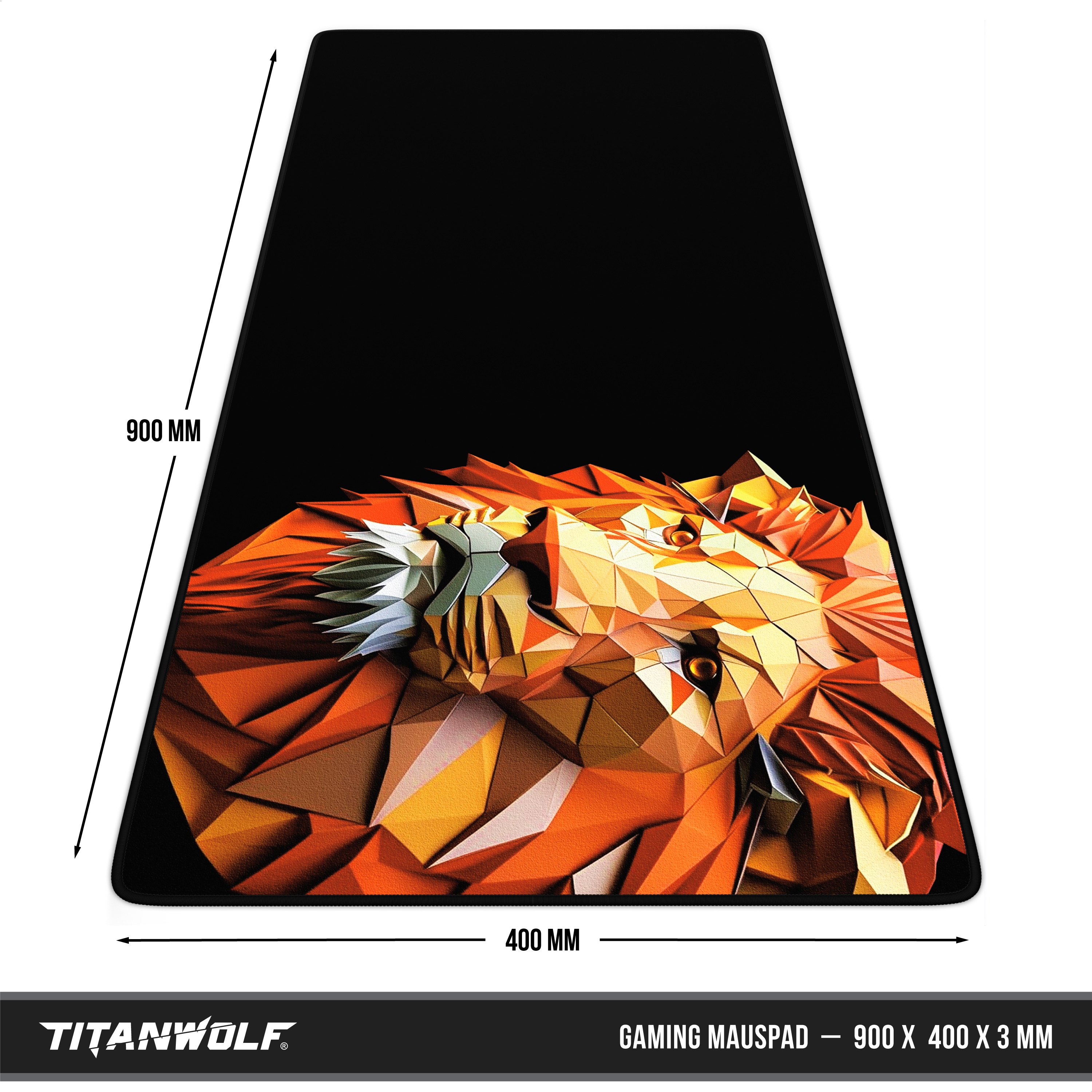Titanwolf Gaming-Mauspad, 900x400 mm, mit geometrischem Low-Poly-Löwenkopf auf schwarzem Hintergrund.