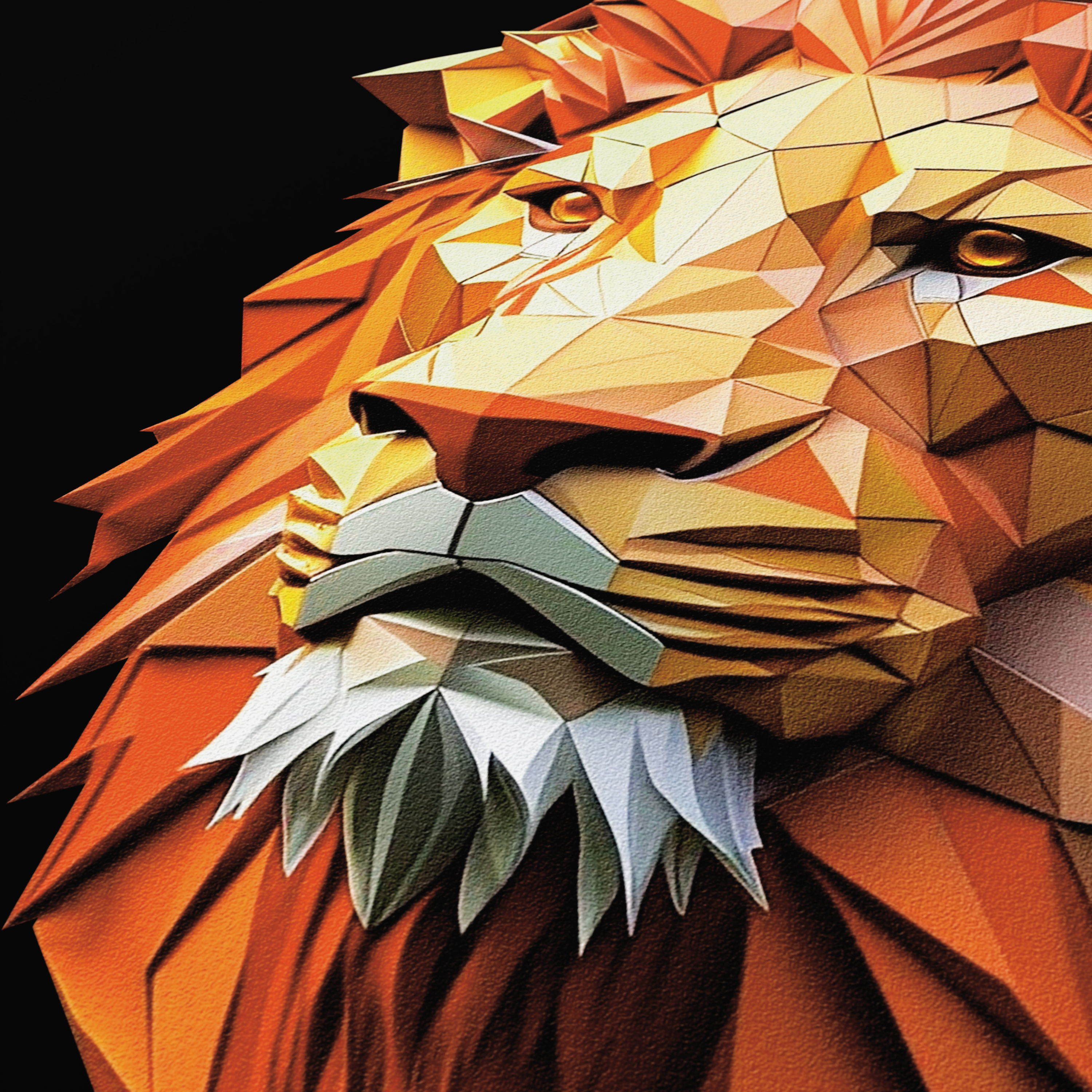 Ein Low-Poly-3D-Render eines Löwenkopfes in lebendigen Orange-, Gelb- und Weisstönen vor schwarzem Hintergrund.