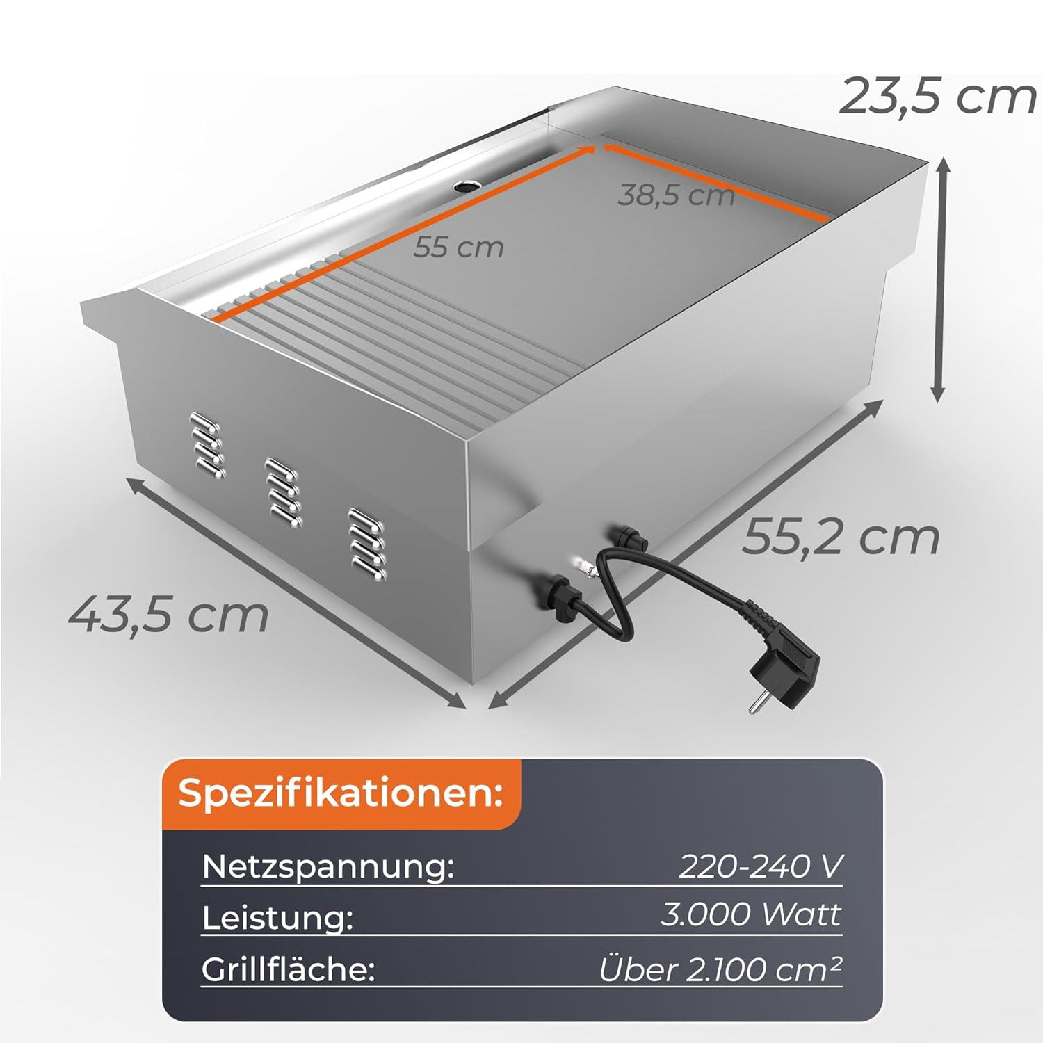 Edelstahl Elektrogrill mit Maßangaben und technischen Daten auf weißem Hintergrund.