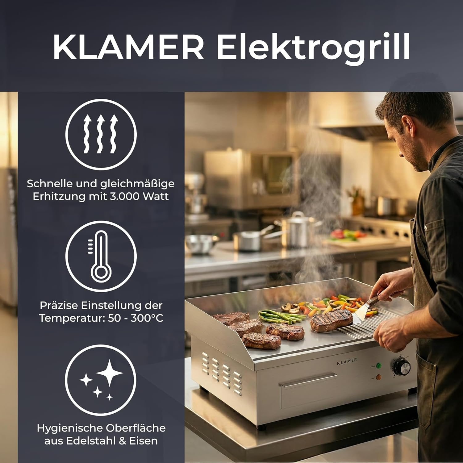 Ein Koch nutzt einen elektrischen Tischgrill von Klamer in einer Küche, daneben Symbole für Funktionen.