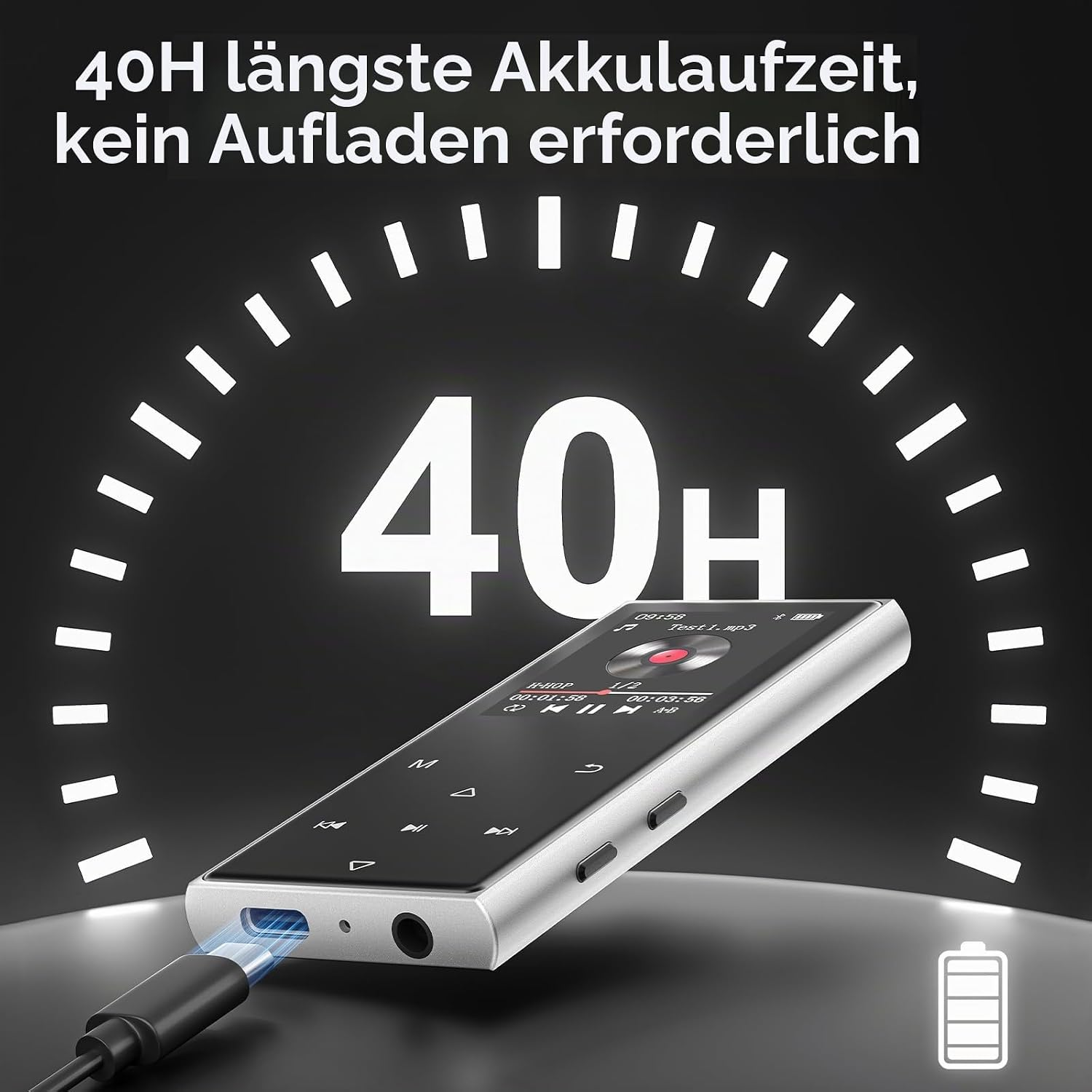 Silberner MP3-Player vor einem leuchtenden Uhrenhintergrund mit der Aufschrift 40H für lange Akkulaufzeit.