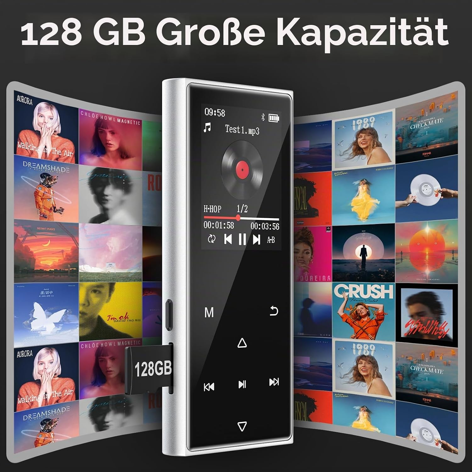 Ein silberner MP3-Player mit 128-GB-Speicherkarte, umgeben von geschwungenen Musik-Albumcovern.